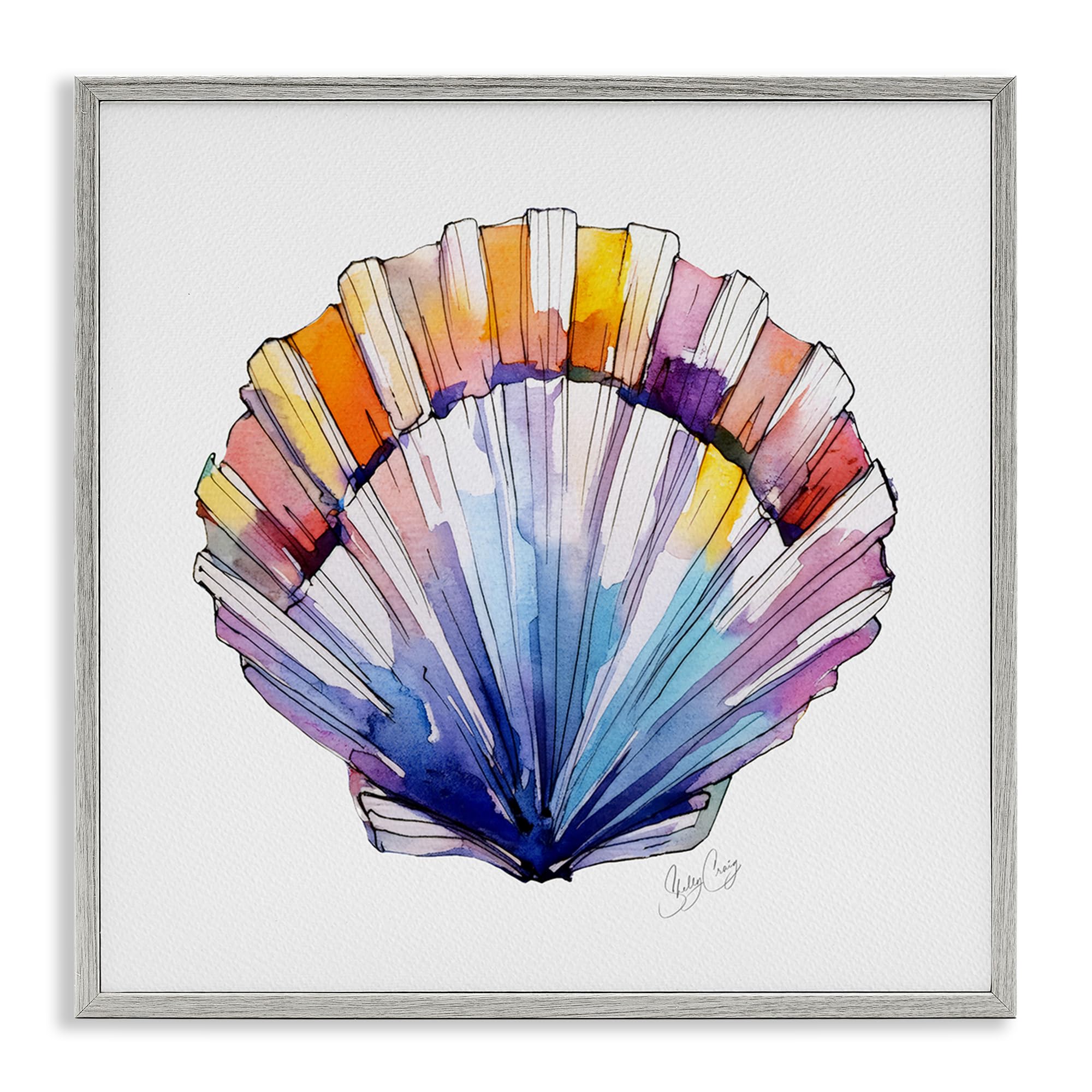 Stupell Industries Farmhouse Gray (Textured) Coastal Scallop Watercolor Nautical, 17 X 17 Inch Framed Giclée Print
