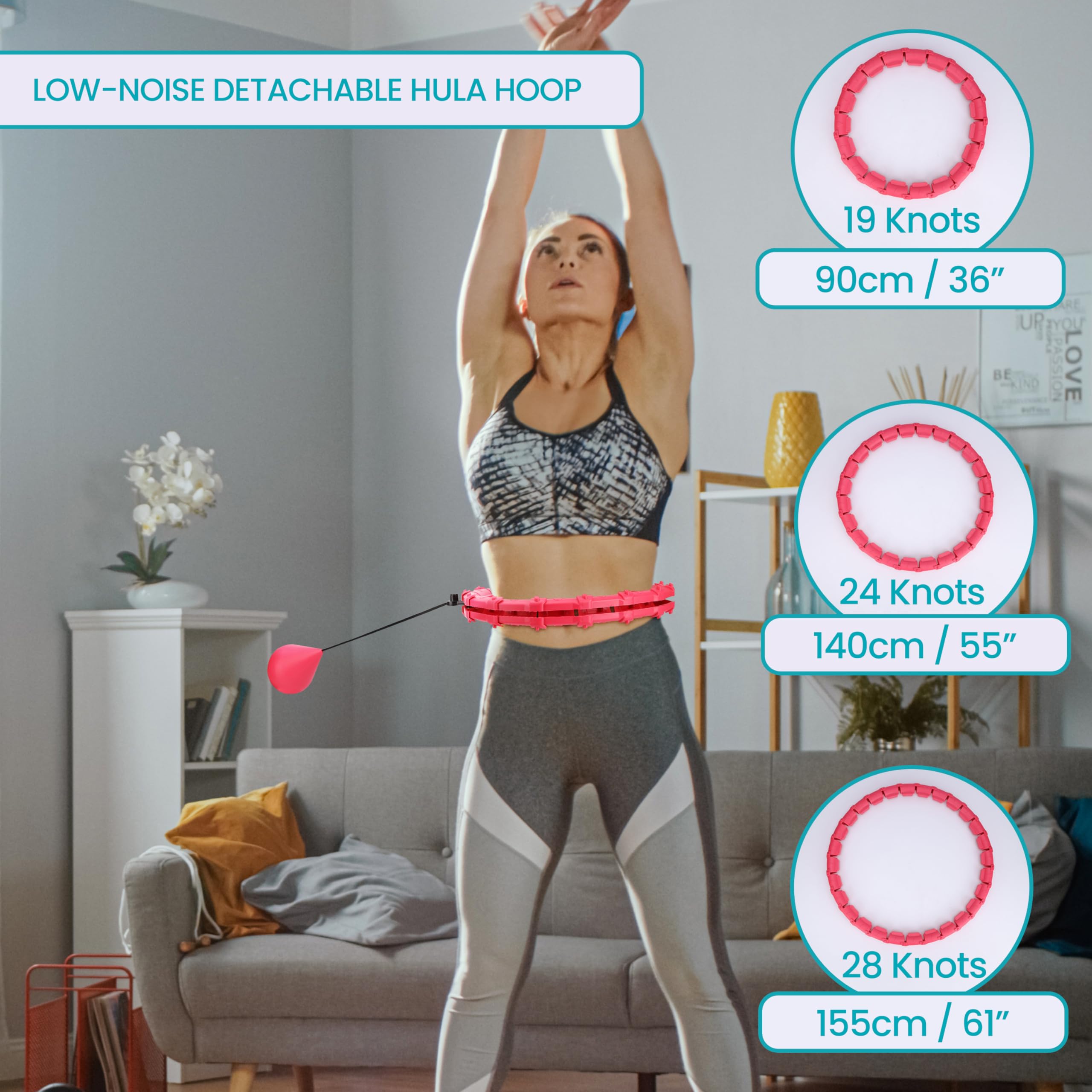 Cerceau Hula Hoop Minceur Intelligent - Smart Cerceau de Fitness - Réglable Amovibles,pour Débutants,Adultes,Perte de Poids - Rose - Sport