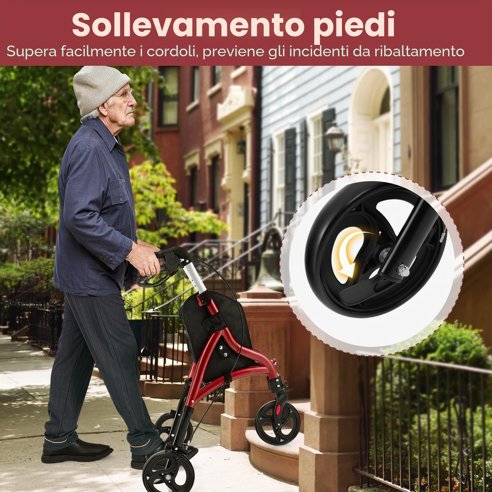 HOMASIS Rollator Pieghevole a 3 Ruote in Alluminio Leggero, Ausilio alla Deambulazione Regolabile in Altezza, con Sacca Portaoggetti per Tutti i Tipi di Terreno per Anziani, Disabili (Rosso)