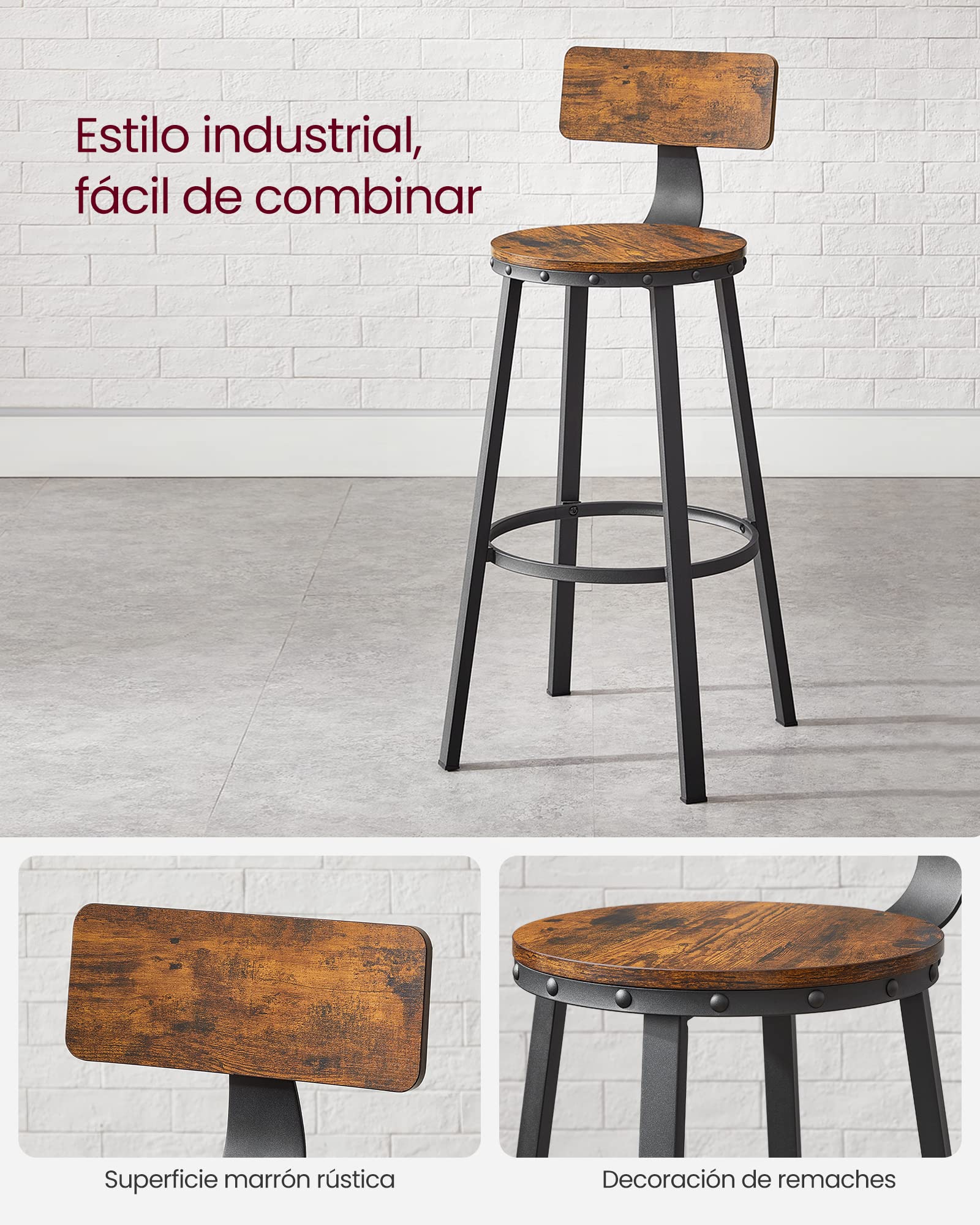 VASAGLE Taburete Alto de Bar, Juego de 2, Taburete de Cocina, con Respaldo, Marco de Acero, Asiento de 73,5 cm de Altura, Fácil Montaje, Estilo Industrial, Marrón Rústico y Negro Tinta LBC026B01V1