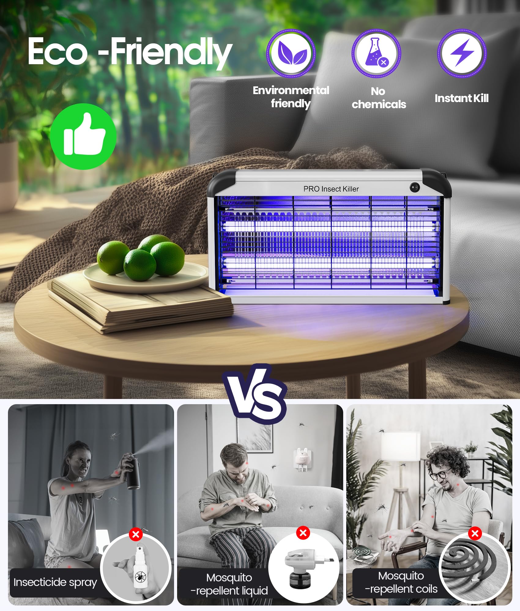 Spectracide Wirksam Insektenlampe Innen, 30w Fliegenfalle Elektrisch Insektenvernichter mit UV Lampe, 2400V Insektenfänger Elektrisch Fliegen Wespen Mücken Moskitos Milben