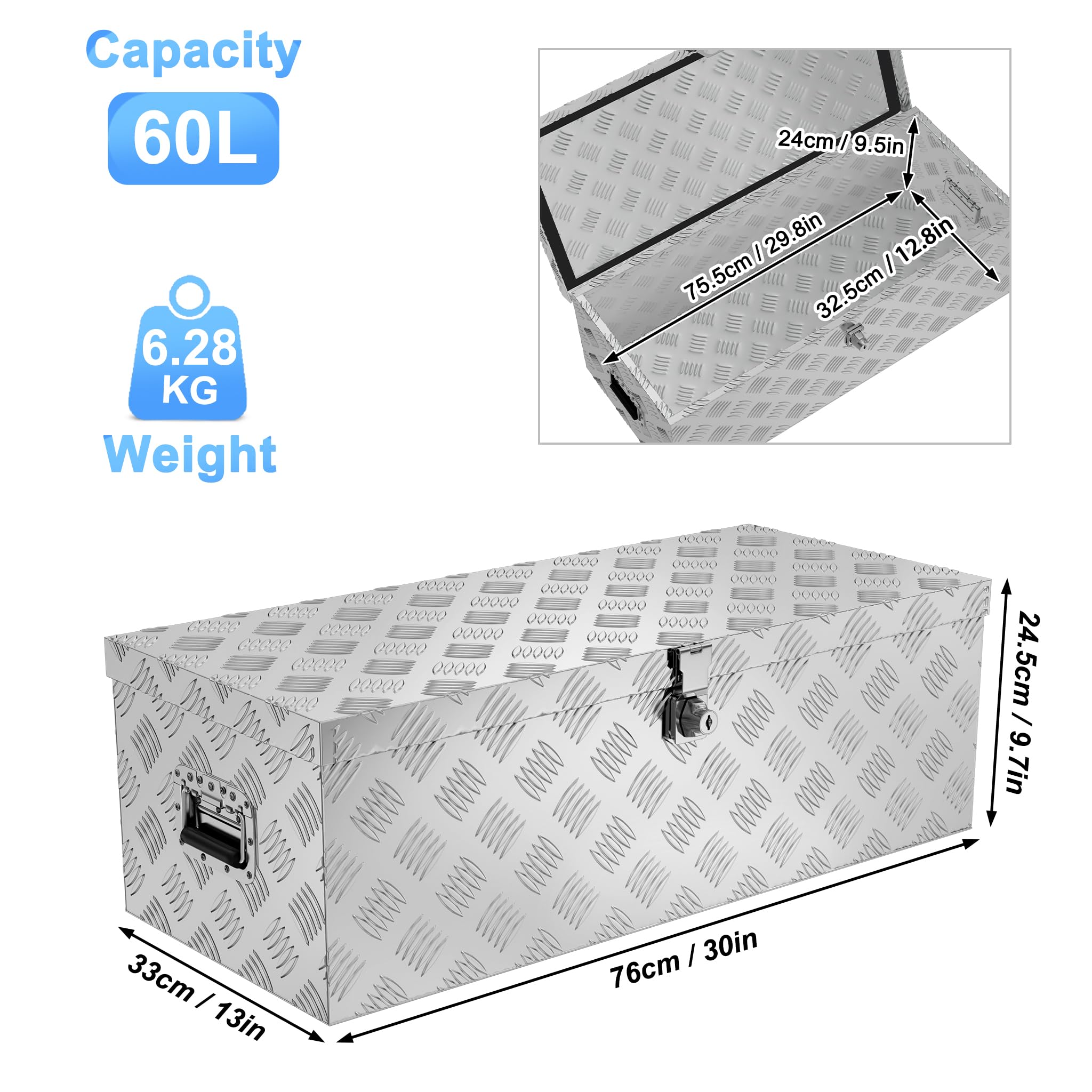 FIVMEN Alubox mit Deckel Aluminium Transportbox Werkzeugkasten mit Schloss & Schlüsseln & Griff Werkzeugbox Transportkoffer Alukiste 76x33x25cm, Silber