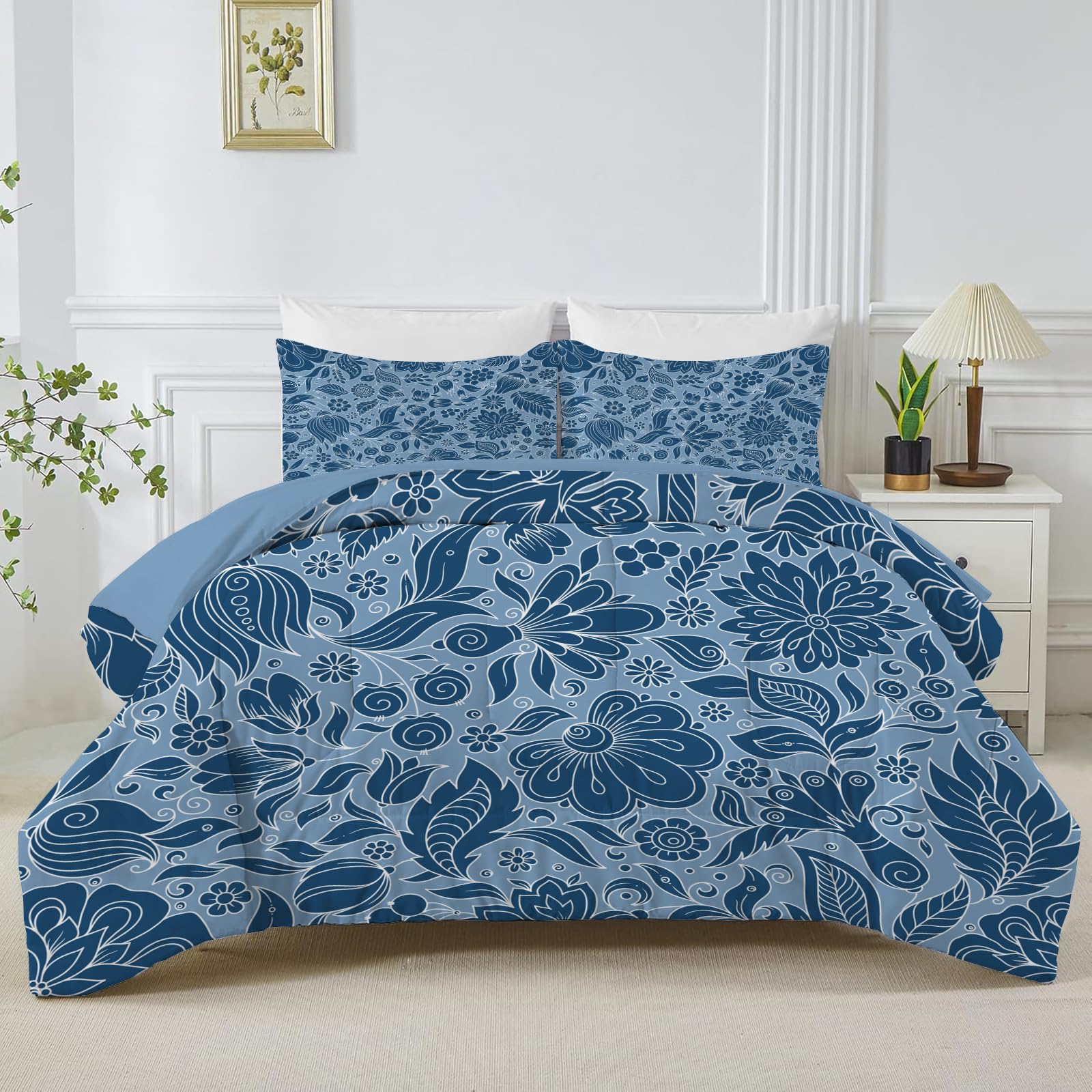 Navy Blue Bohemian Super King Duvet, Reversible Coverless Floral Plants Duvet Super King Size, Anti Allergy Bed Quilt 7.5 Tog for All Seasons - 1 Soft Comforter Bedding with 2 Pillowcases - B23