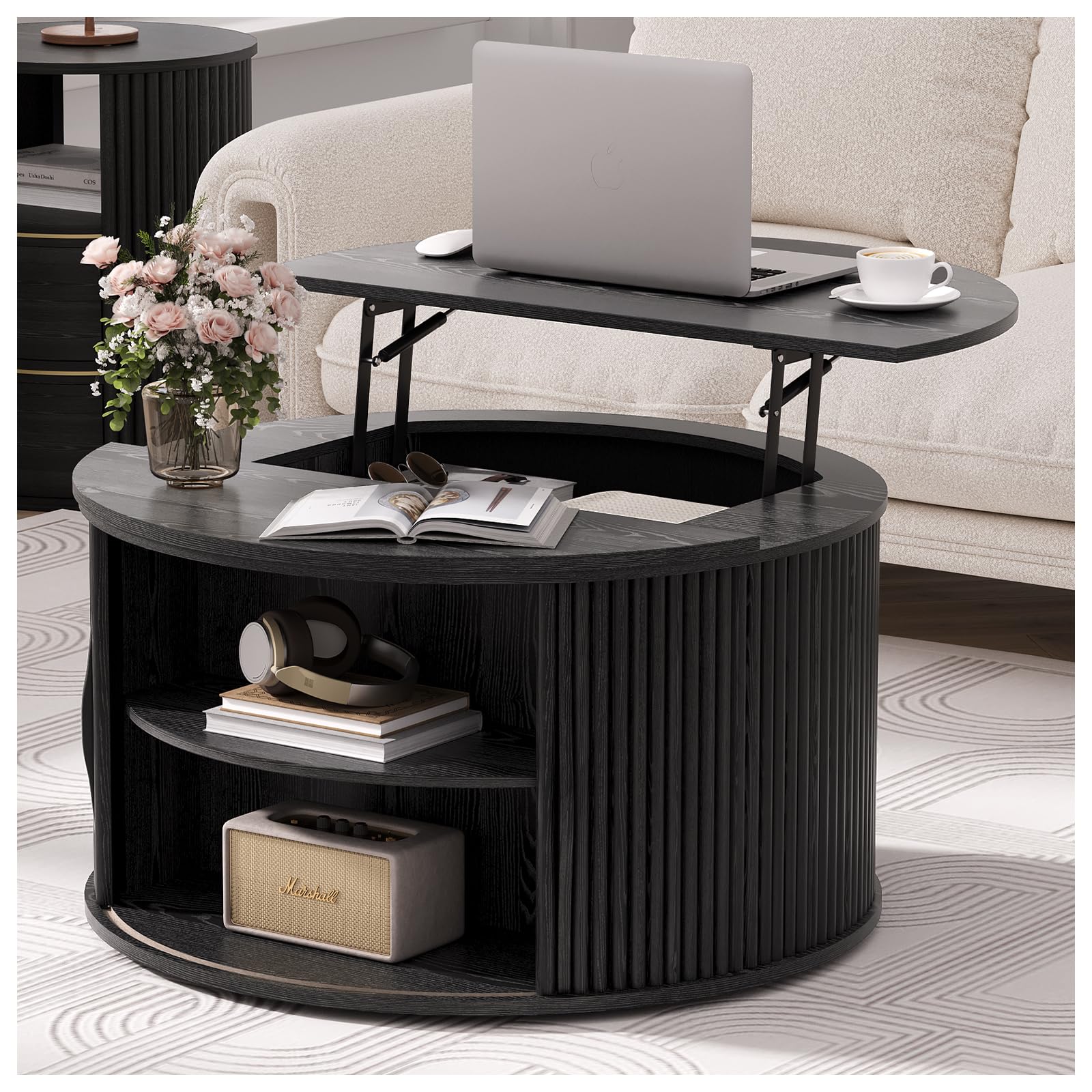 JOINICE,Round Coffee Table with Storage, 31.5" Fluted Center Table for Living Room, Modern Walnut Wood Circle Drum Table with Sliding Cabinet Door, Mid Century Furniture for Small Space — view 14