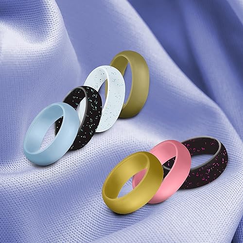 Miniatura 2 de Alianzas de boda de silicona para ella, paquete de 7, anillos de silicona flexibles para mujer, anillo de silicona con purpurina para mujer, anillos