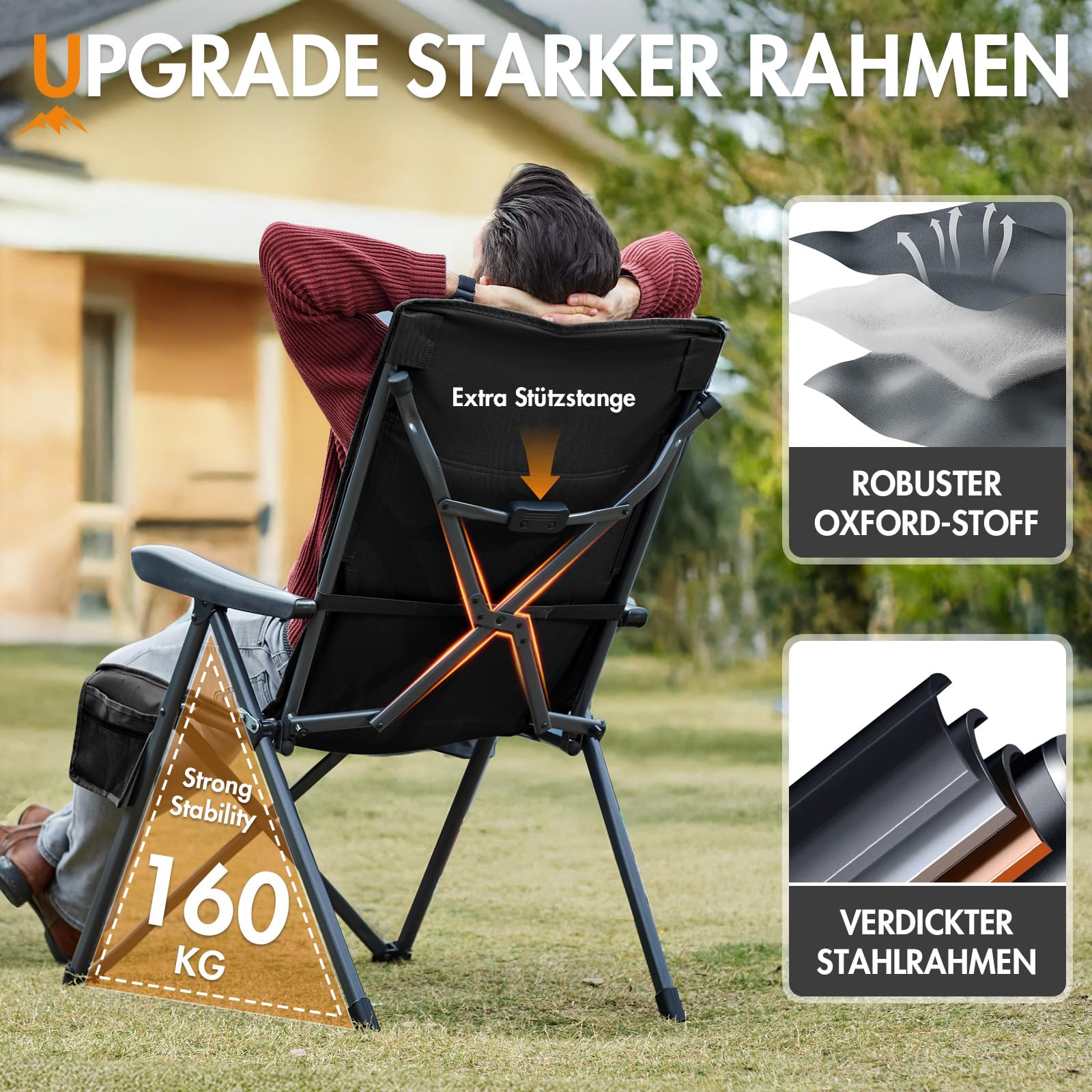 Portal Campingstuhl Faltbar Rückenverstellbar in 3 Positionen Klappstuhl 160 KG Belastbar Hohe Lehne Camping Anglerstuhl Gartenstuhl Liegestuhl Alu für Garten Balkon Picknick