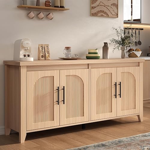 knoworld Modern Buffet Cabinet with Storage, 63" Fluted Sideboard Cabinet with Adjustable Shelves, Wood & Multi-Functional Coffee Bar Console for Dining Room, Kitchen, Living Room & Entryway Natrual