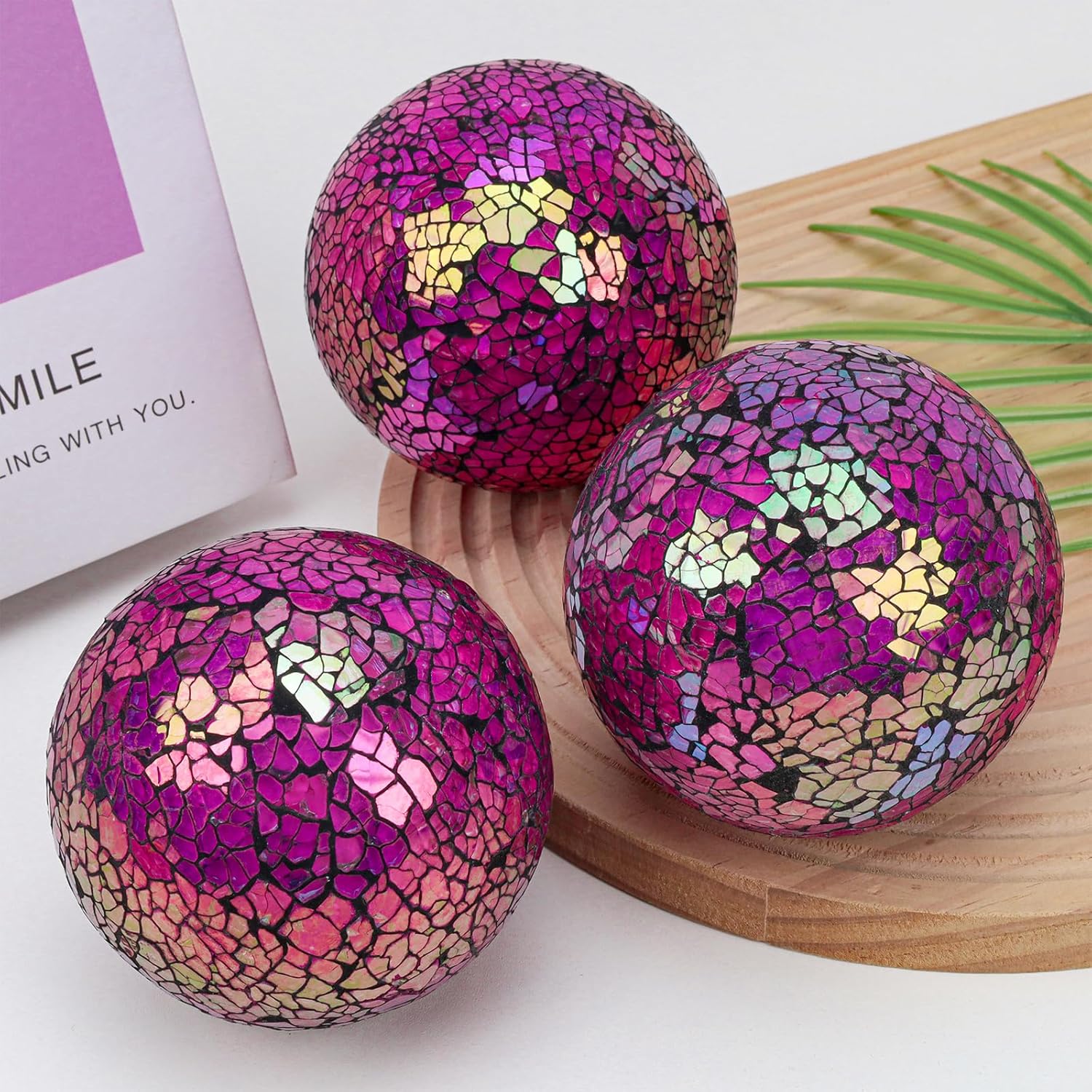 Round Glass Mosaic Balls 3Pcs 3.34 Inch Crackl Orbs Coffee Table Centerpiece Vases Wedding Christmas Party Decorative(Gradient Purple)