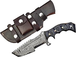 Damascus Steel Tanto Tracker Knife Custom Handmade, Tactical survival hunting knife, Camping knife, Perfect Grip Canves Gray Black Micarta Handle Horizontal Leather Sheath - Silver Edge Knives