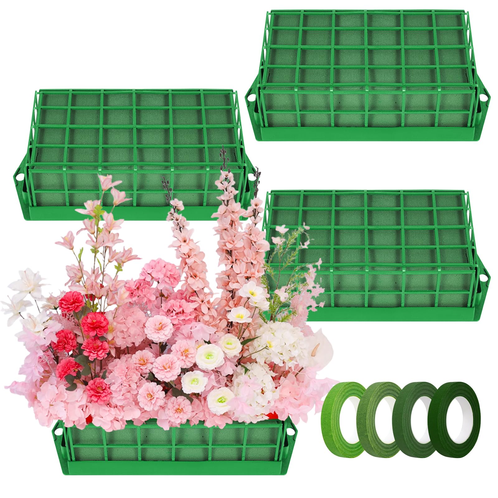 Buhobha 4 Pack Floral Foam Cages for Artificial & Fresh Flowers – Rectangle Holder with Cage for Wedding, Home Decor, Party – Includes 4 Rolls Floral