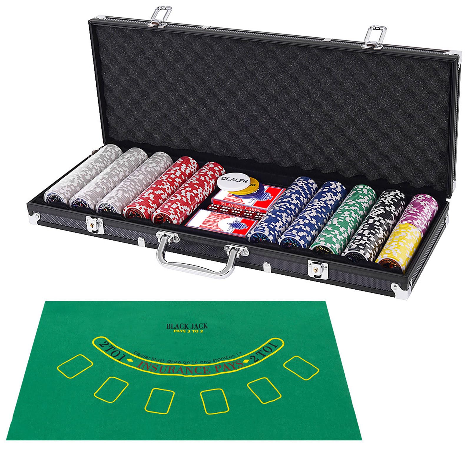 COSTWAY Set da Poker Completo, 500 Fiches, 2 Mazzi di Carte, 5 Dadi, 3 Bottoni Dealer, 1 Tappetino, con Valigia (Valigia Nera)