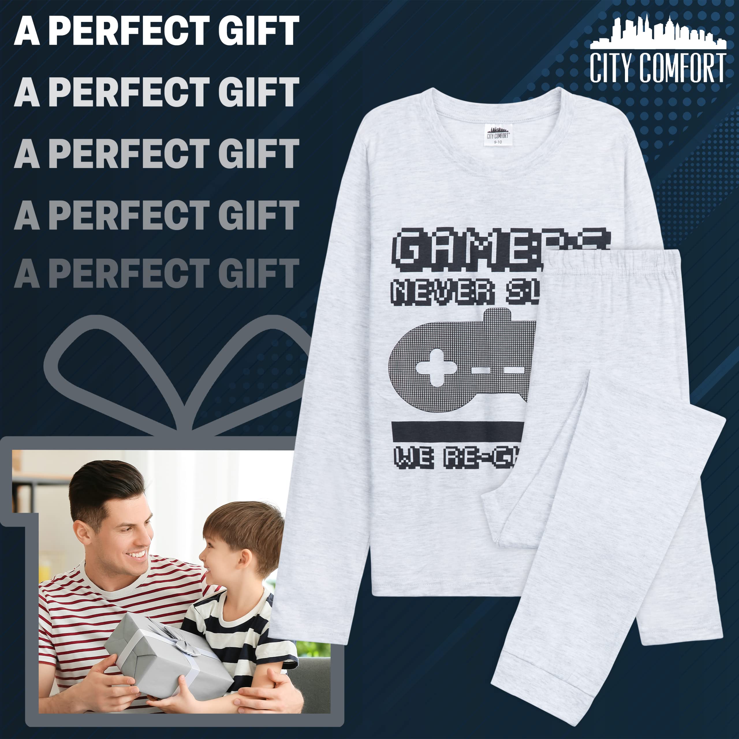 CityComfort Pijama Niño Manga Larga Pijamas Divertidos Niños Adolescentes Largo con Diseño Gaming o Fútbol Ropa de Dormir