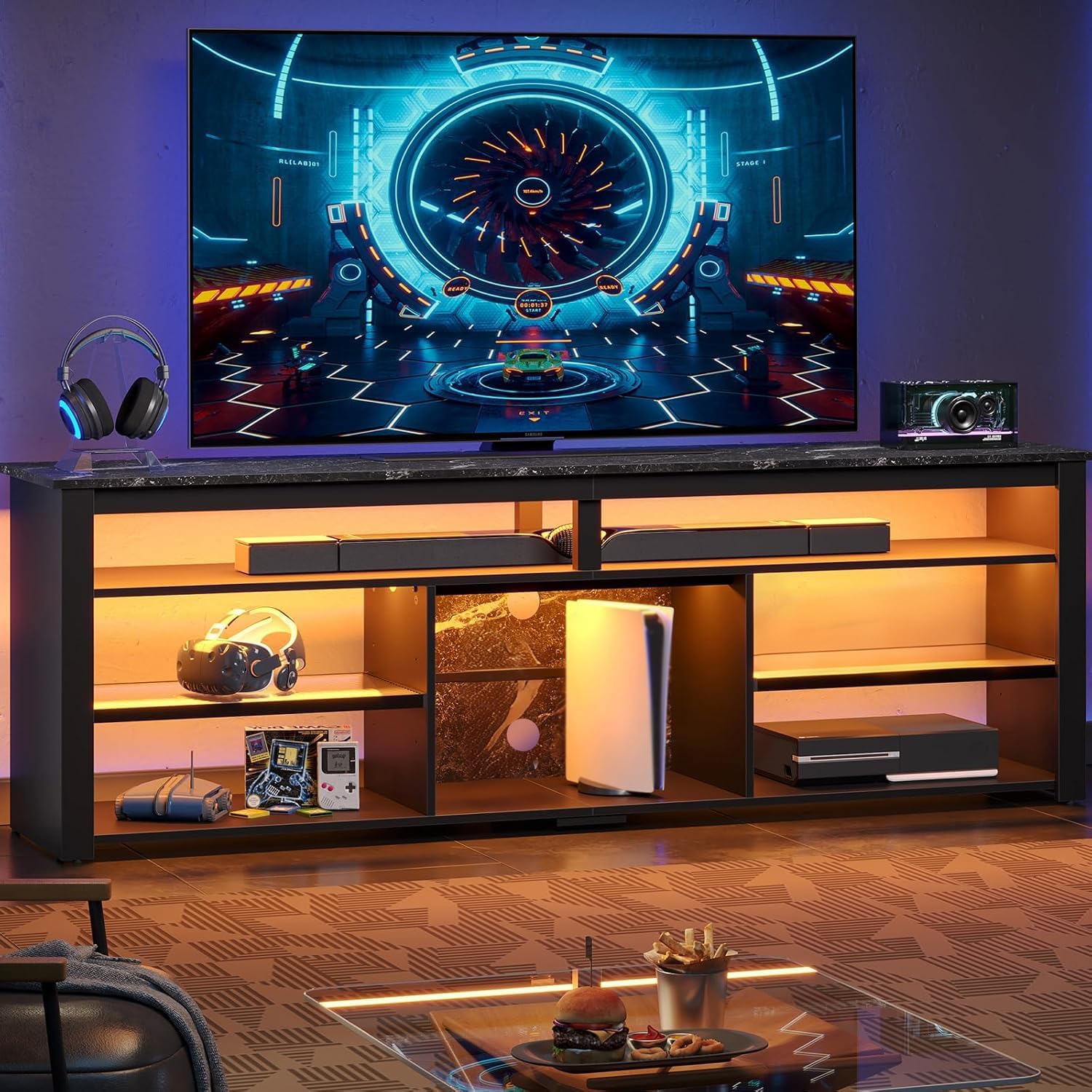 Bestier Tall LED TV Stand for 70/75/80 inch TV, Modern Black Marble Entertainment Center with Storage for PS5, Gaming Console for Living Room & Bedroom - Image 3