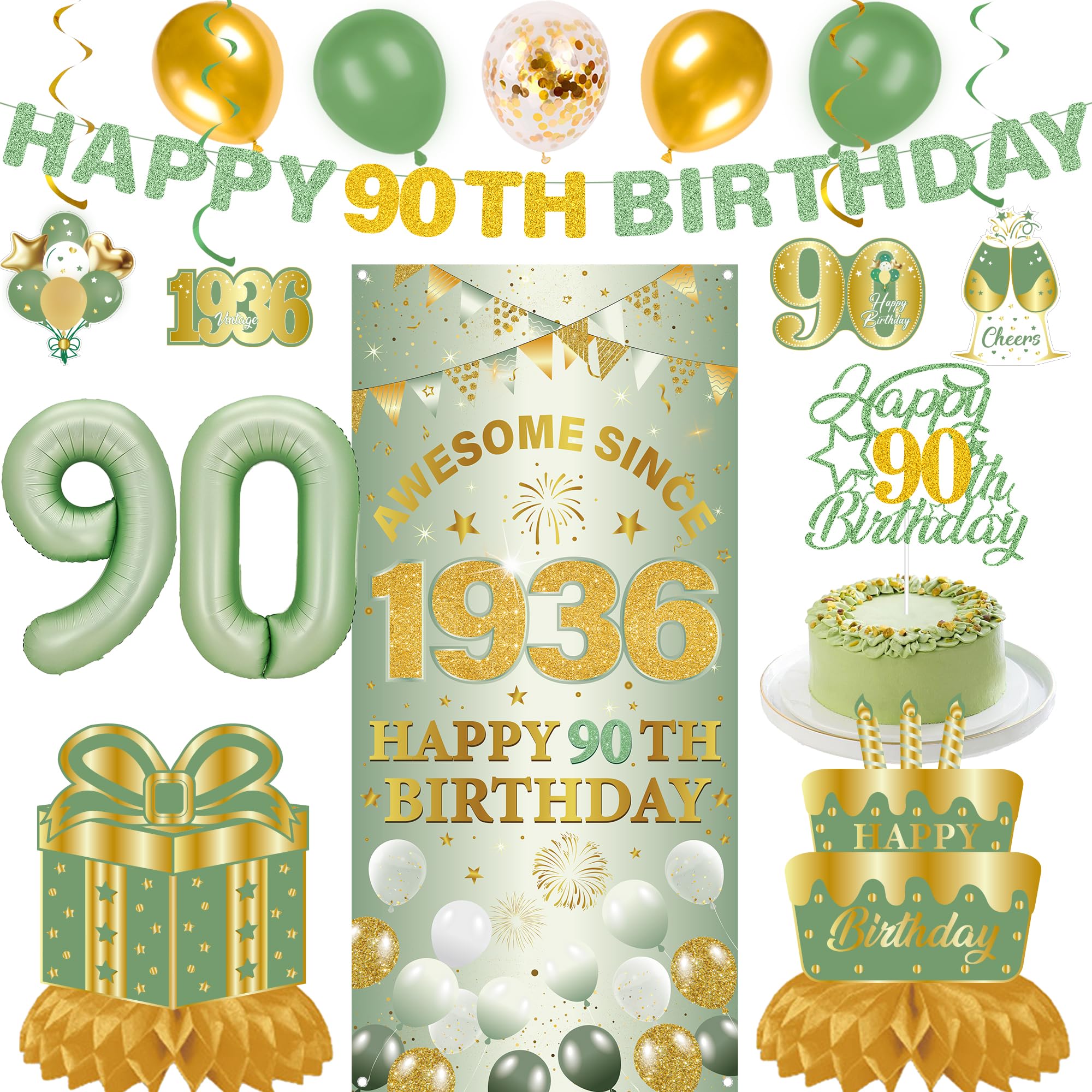 90th Birthday Decorations Women Men - 16 Pcs Green Gold 90th Birthday Banners Balloons Cake Topper Hanging Swirls Awesome Since 1936 Bday Background for Ninety Year Old Party Supplies Decor