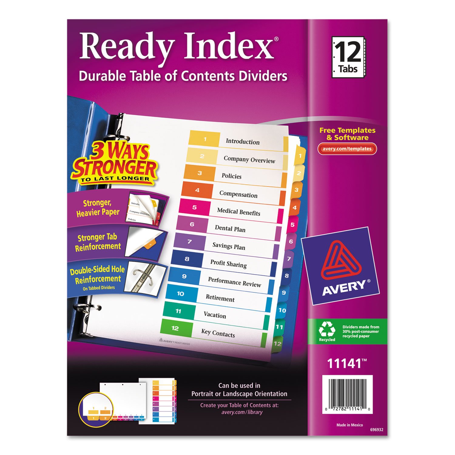 Avery 11141 Ready Index Dividers,TOC,1-12 Tab,3HP,8-1/2-Inch x11-Inch,1/ST,Multi