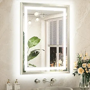 TETOTE 24 x 32 Bathroom LED Mirror Brushed Bright Nickel Metal Frame Frontlit & Backlit Vanity Mirror Anti-Fog Stepless Dimmable 3 Colors White/Warm/Natural Mirror with Lights Wall-Mounted