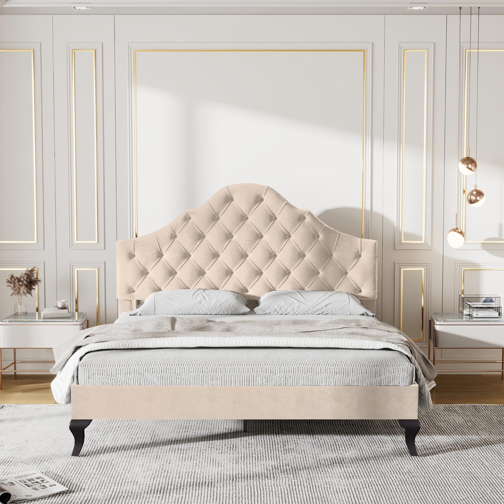 Merax 4ft6 Double Upholstered Bed 135x190 cm with Adjustable Headboard, Velvet Bed Frame with Wooden Slatted Support, No Box Spring Needed, Sturdy Structure, Easy Assembly, Beige (No Mattress) — image 1