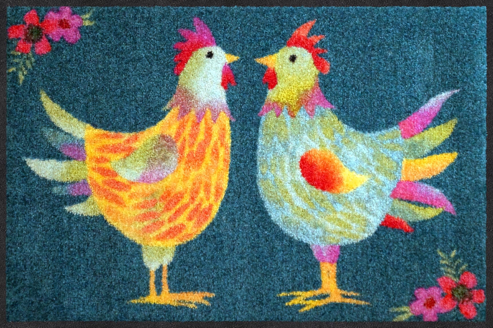 Salonloewe Fussmatte Rainbow Chicken Petrol I Schmutzfangmatte & Fußabtreter für Innen 50 x 75 cm