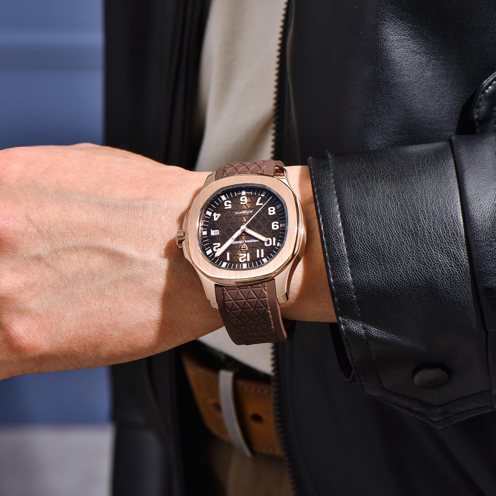 Pagani Design YS031 - Reloj automático de lujo para hombre, a cuadros, FKM, correa de caucho fluorado, cristal de zafiro, movimiento 8215, resistente al agua, 100 m, caja de acero inoxidable, hebilla