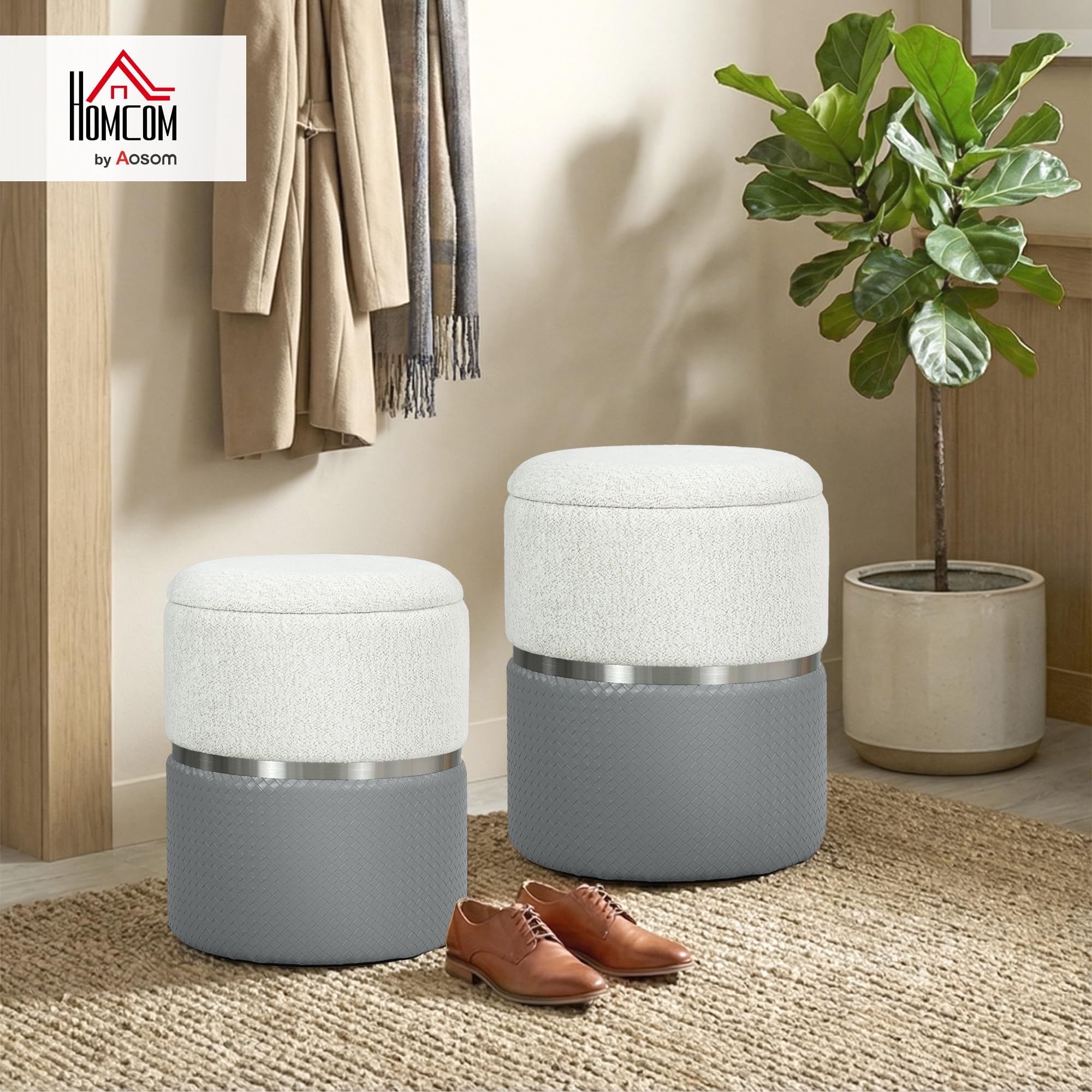 HOMCOM Lot de 2 poufs de Rangement, Gris et crème