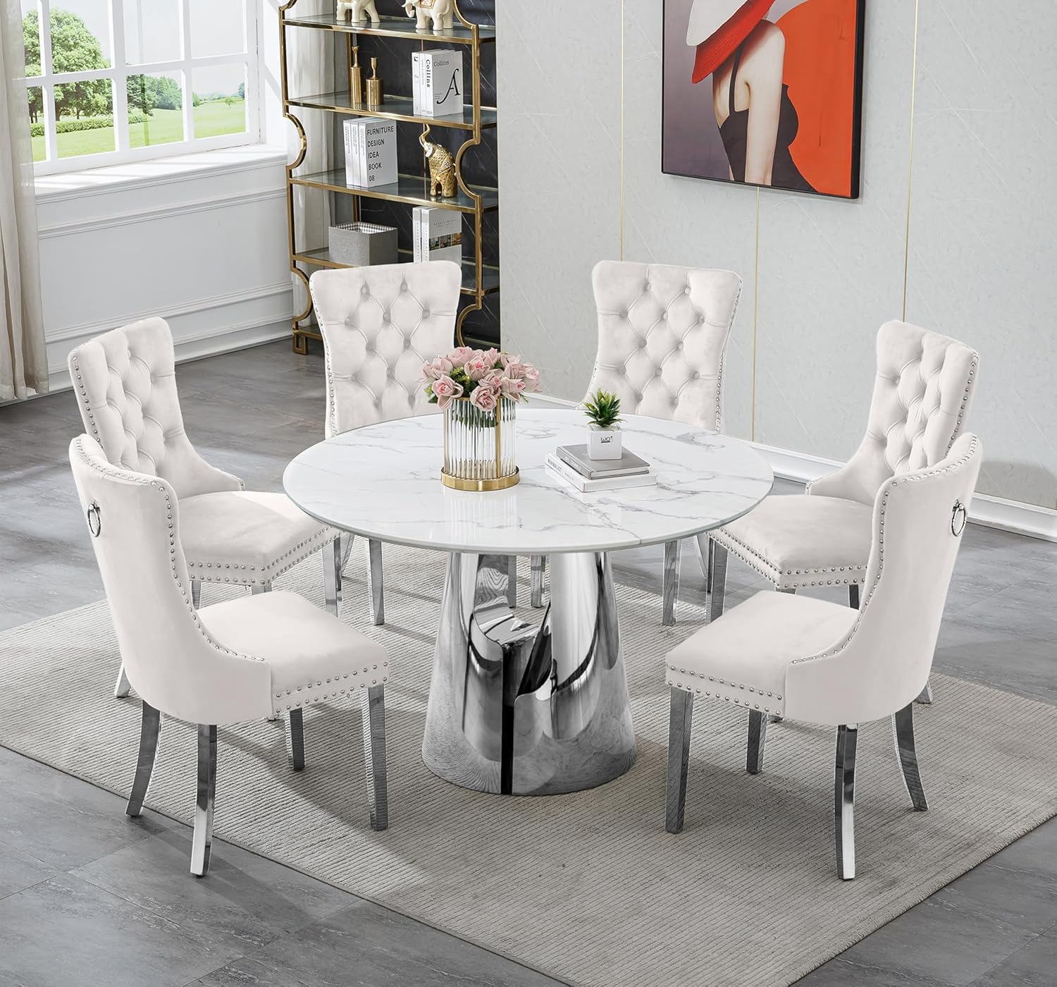 7-Piece Round Dining Table Set for 6, Modern Faux Marble Kitchen Table and Beige Velvet Chairs Set of 6, Luxury 45" Circle White Silver Dining Room Tables with Stainless Steel Base