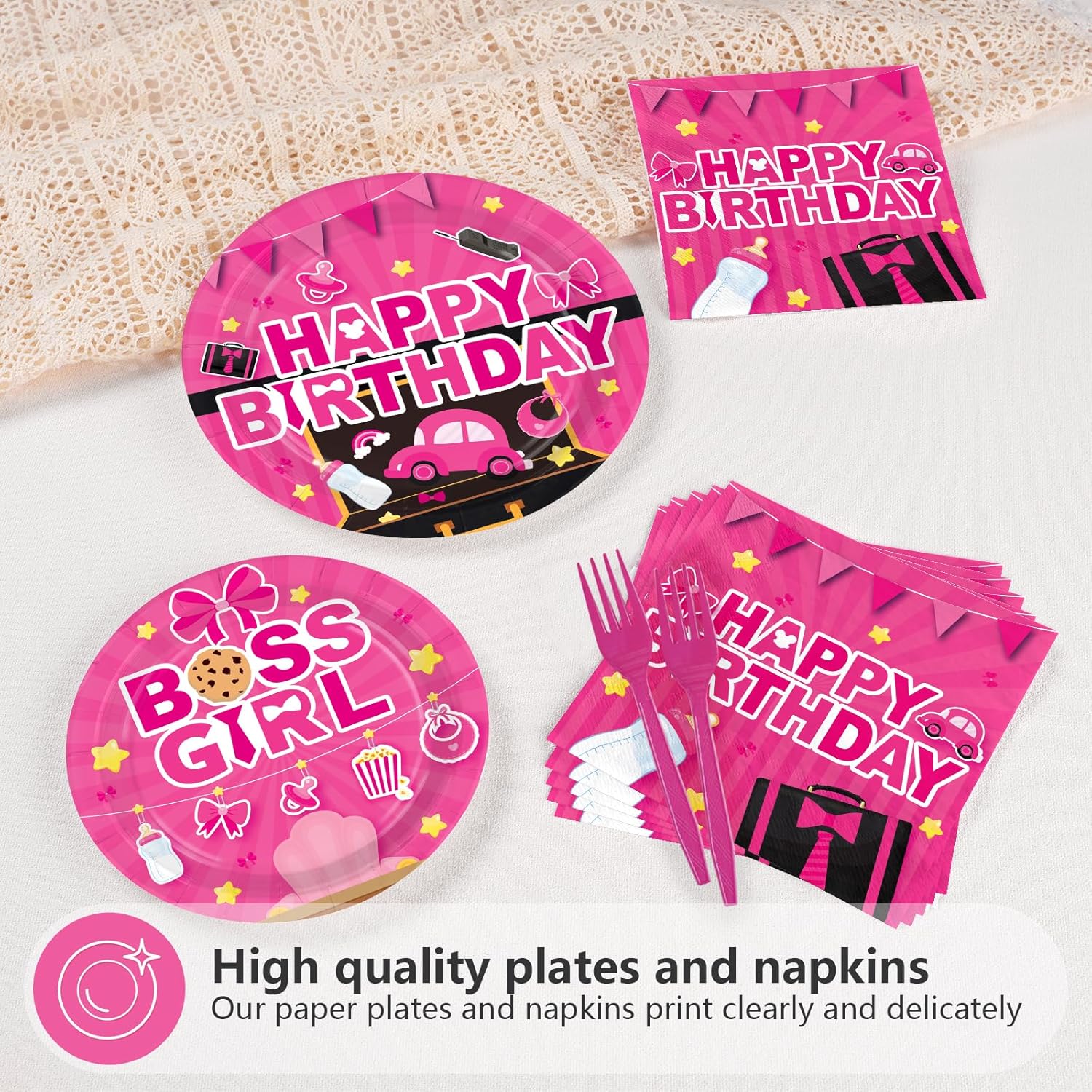 96 Pcs Boss Birthday Party Decorations Disposable Hot Pink Boss Theme Paper Plates and Napkins Cute Cartoon Tableware Set for Kids Girls Birthday Baby Shower Gender Reveal Party Supplies, Serves 24