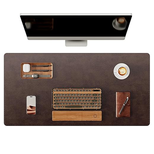 YSAGi Genuine Leather Desk Mat, 31.5"x15.8" Office Desk Pad, Thick Premium Table Pad with Stitched Line, Non-Slip Laptop Writing Pad with Rubber Base (Dark Brown, 31.5"x15.8")