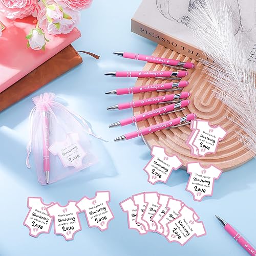 Miniatura 5 de Colarr Juego de 36 recuerdos de baby shower bolígrafos rosados con tarjetas y bolsas de organza para invitados regalo y fiesta de revelación de