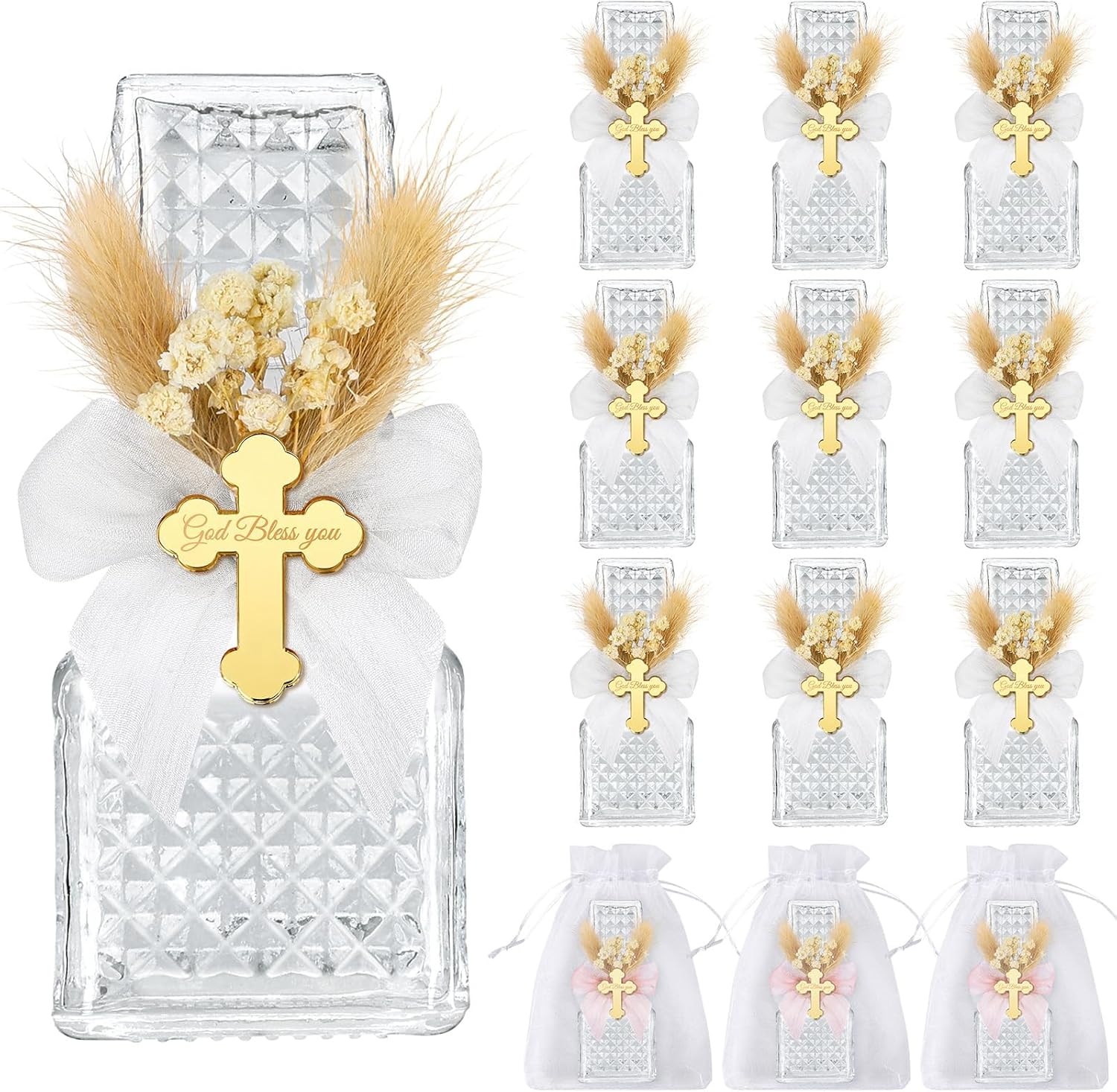 12 Set Holy Water Bottles Catholic Bulk Glass Baptism Favors for Guests Christian Water Container with Floral Organza Bags Bow for Holy Communion Gifts Church Wedding Baptism Decor (Elegant White, 12)