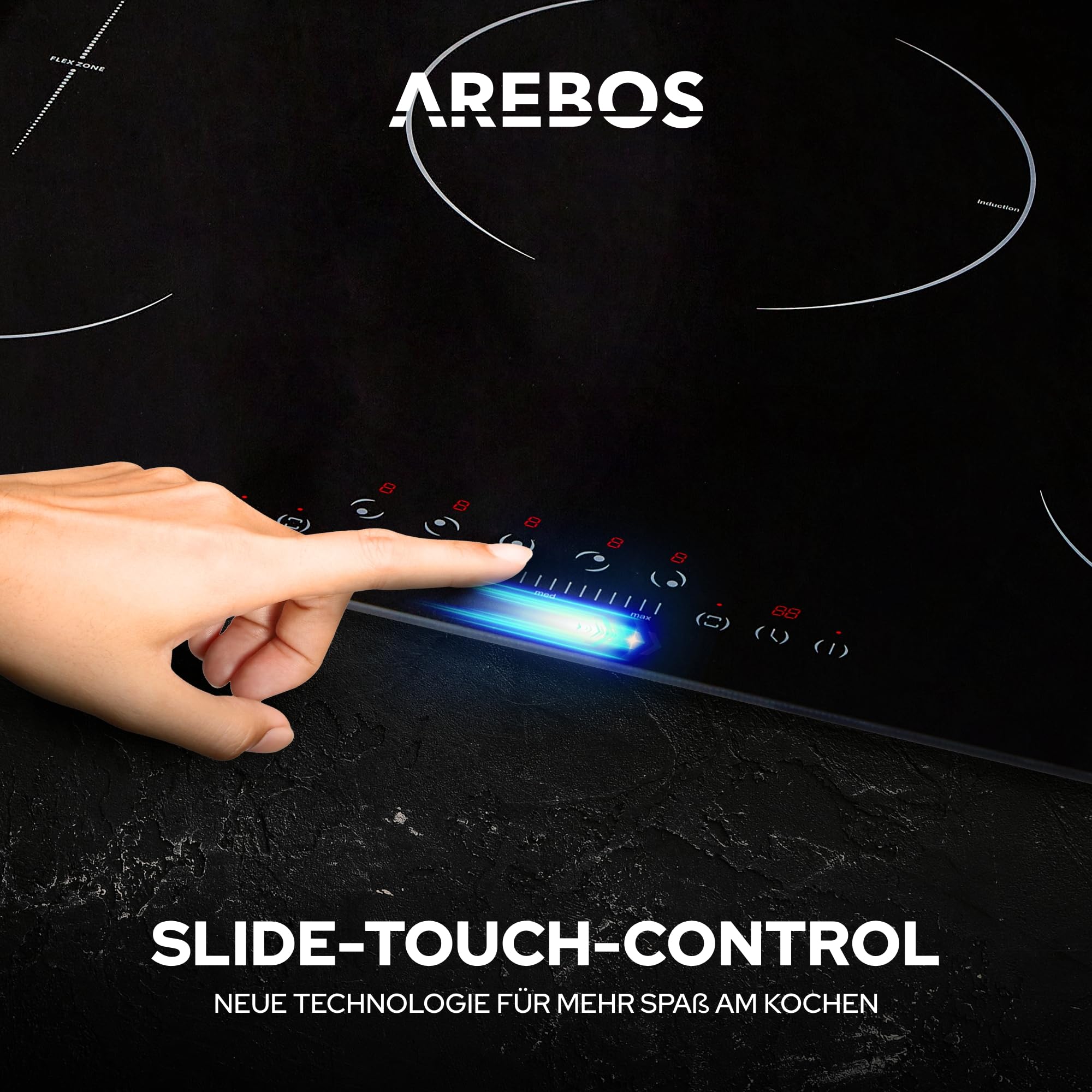 Arebos Induktionskochfeld mit Booster-Funktion | 9800 W | 5 Kochfelder 2 Flexzonen | 77 cm | Autark Schnellaufheizung | mit Sensor Touch, Timer, Kindersicherung, Überhitzungsschutz, Autoabschaltung