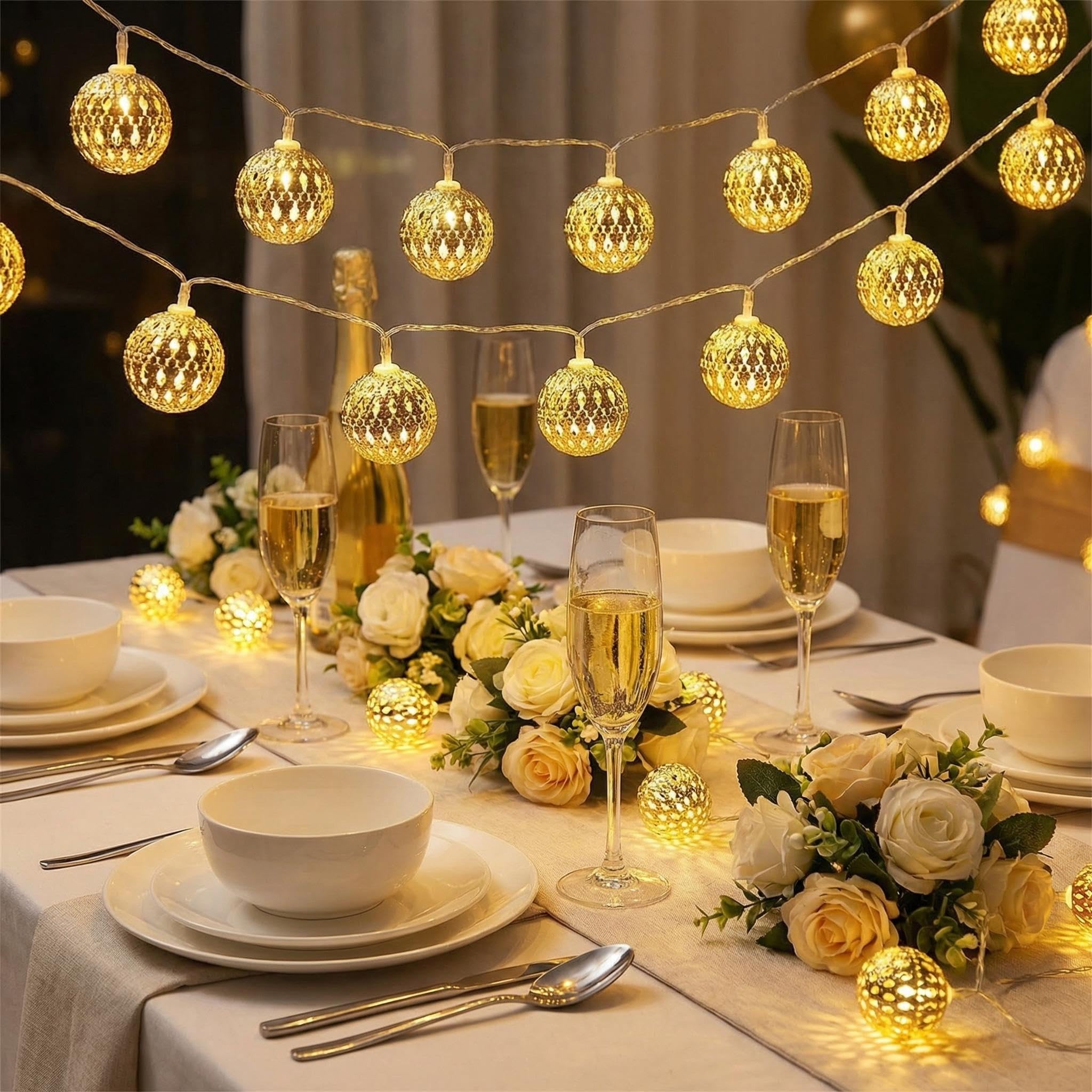 CutitiUU Vintage Moroccan Orb Lights,Fairy String Lights for Bedroom Moroccan Ball 20 Warm LED Lights 3.0m,Rose Gold Metal Goble Dazzling Moroccan Lantern Battery Operated Fairy String Lights