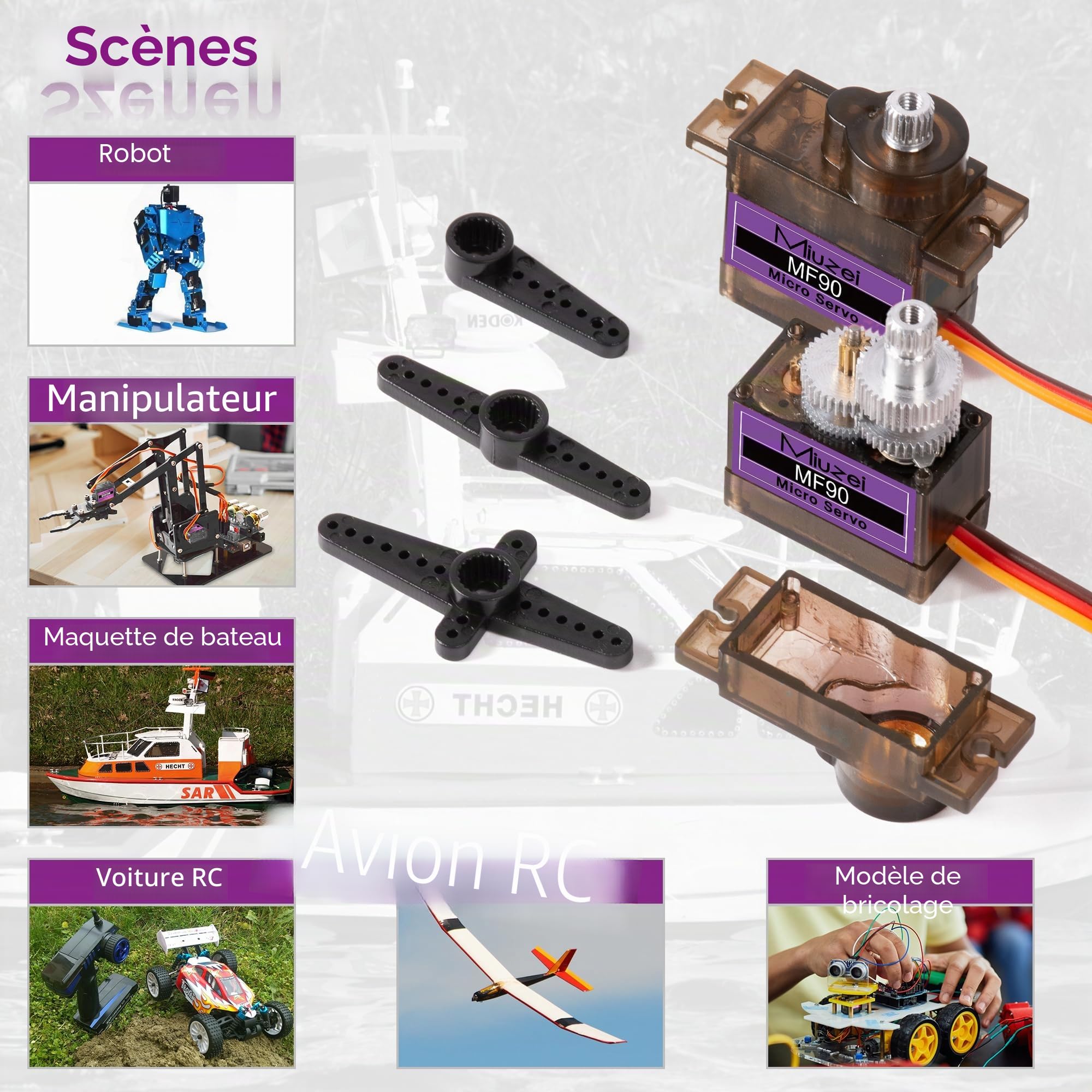 Miuzei Lot de 10 Engrenages Servomoteurs en Métal RC 9G Micro Servo 180 ° Mini Moteur pour Arduino Modélisme Robot Bras Avion 1/10 1:8 Voiture Bateau avec Câble Servo Corne