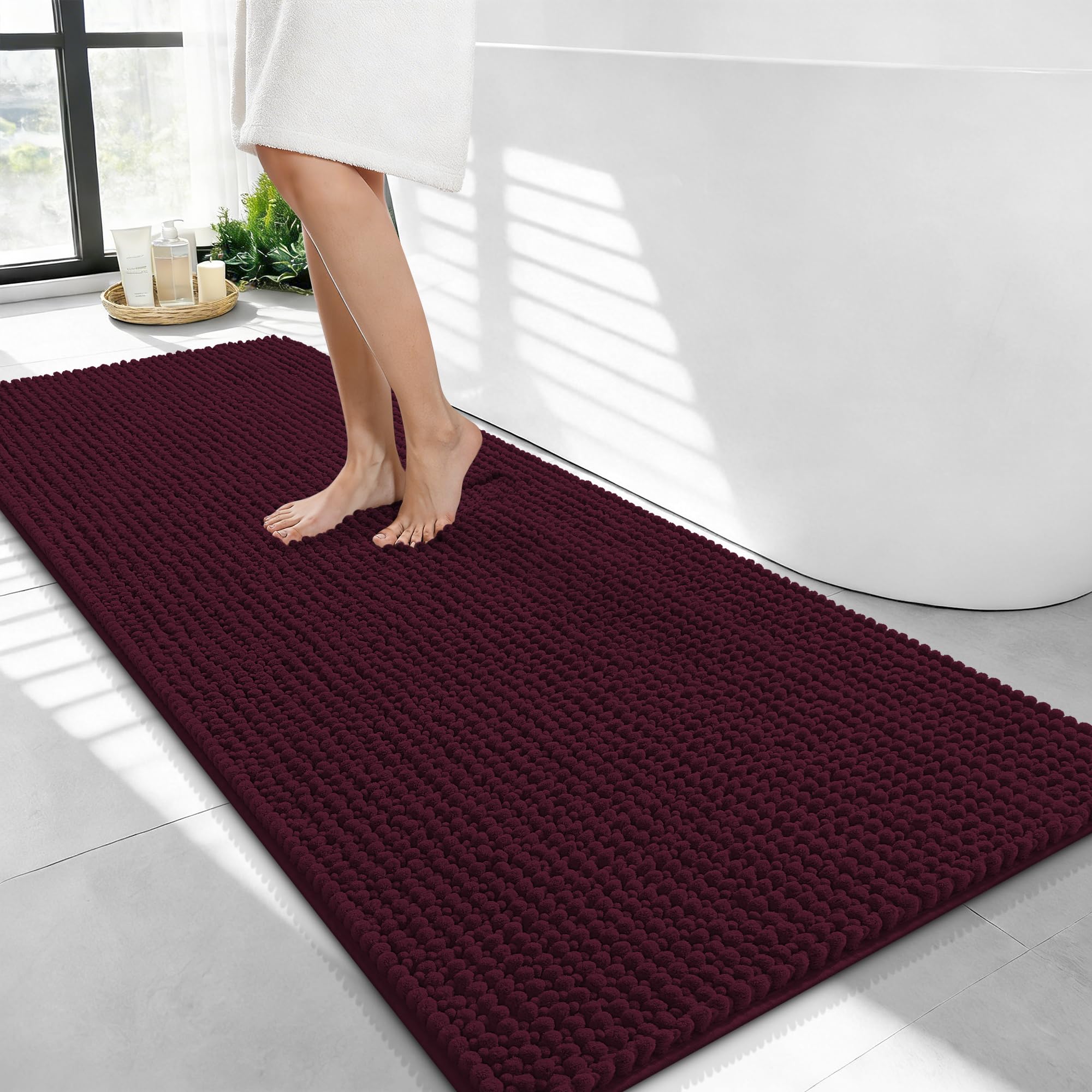 OLANLY Thick Chenille Bathroom Runner Rugs Mats 44x24, Black Cherry