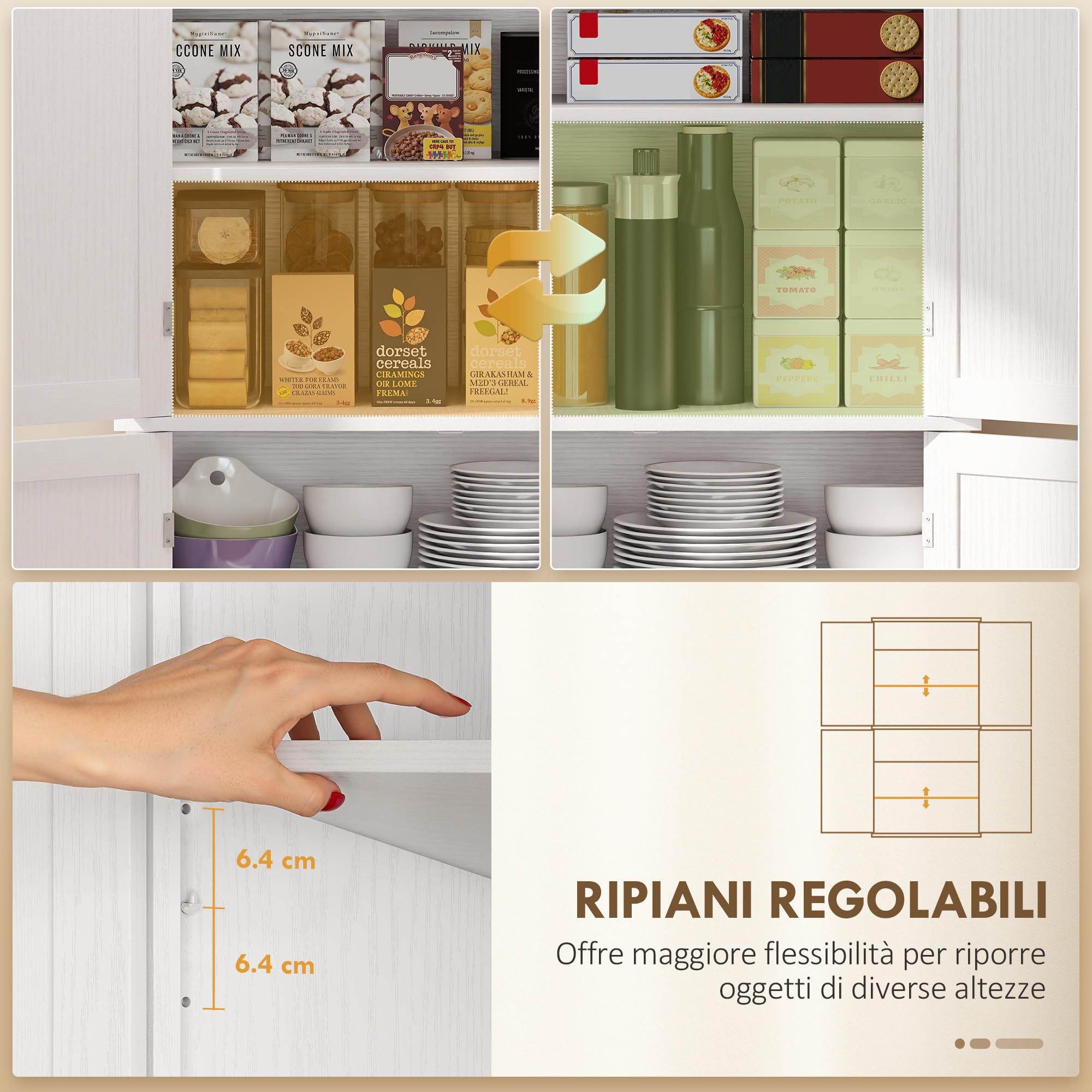 HOMCOM Credenza Cucina Alta 184cm, Mobile Dispensa con 4 Ante Chiusura Magnetica, Ripiani Regolabili, Mobile Cucina a 6 Livelli, per Sala da Pranzo Soggiorno, Bianco