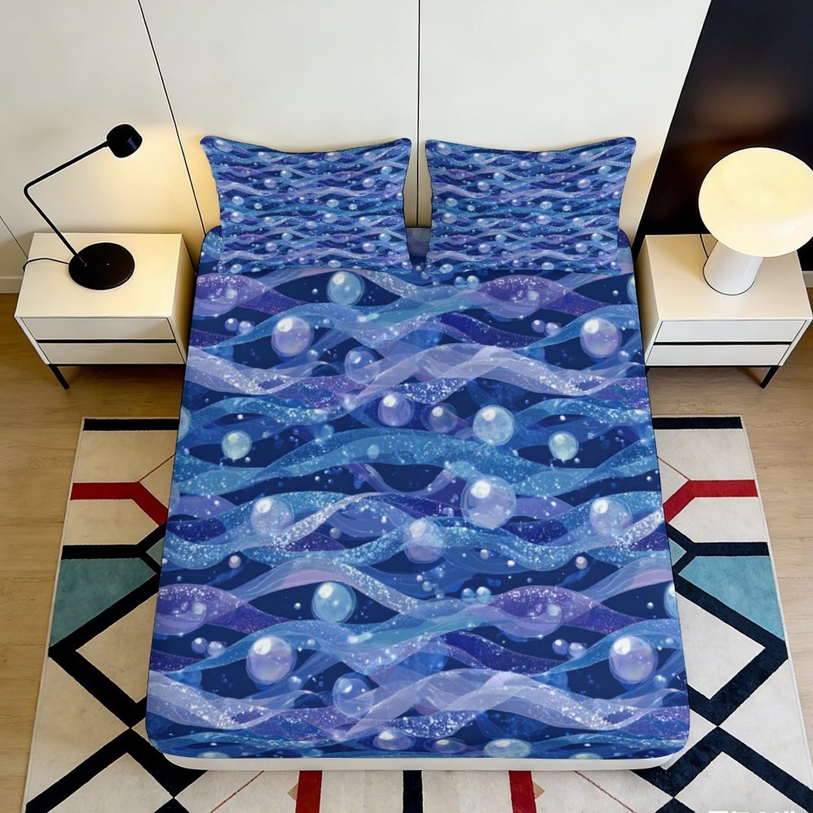 3D Printed Ocean Waves Fitted Sheet Microfiber Elastic Hem Bedroom Bedding Bubbles Mattress Fitted Cover Deep Pocket for Adults 200x200x25cm 90x200x25cm