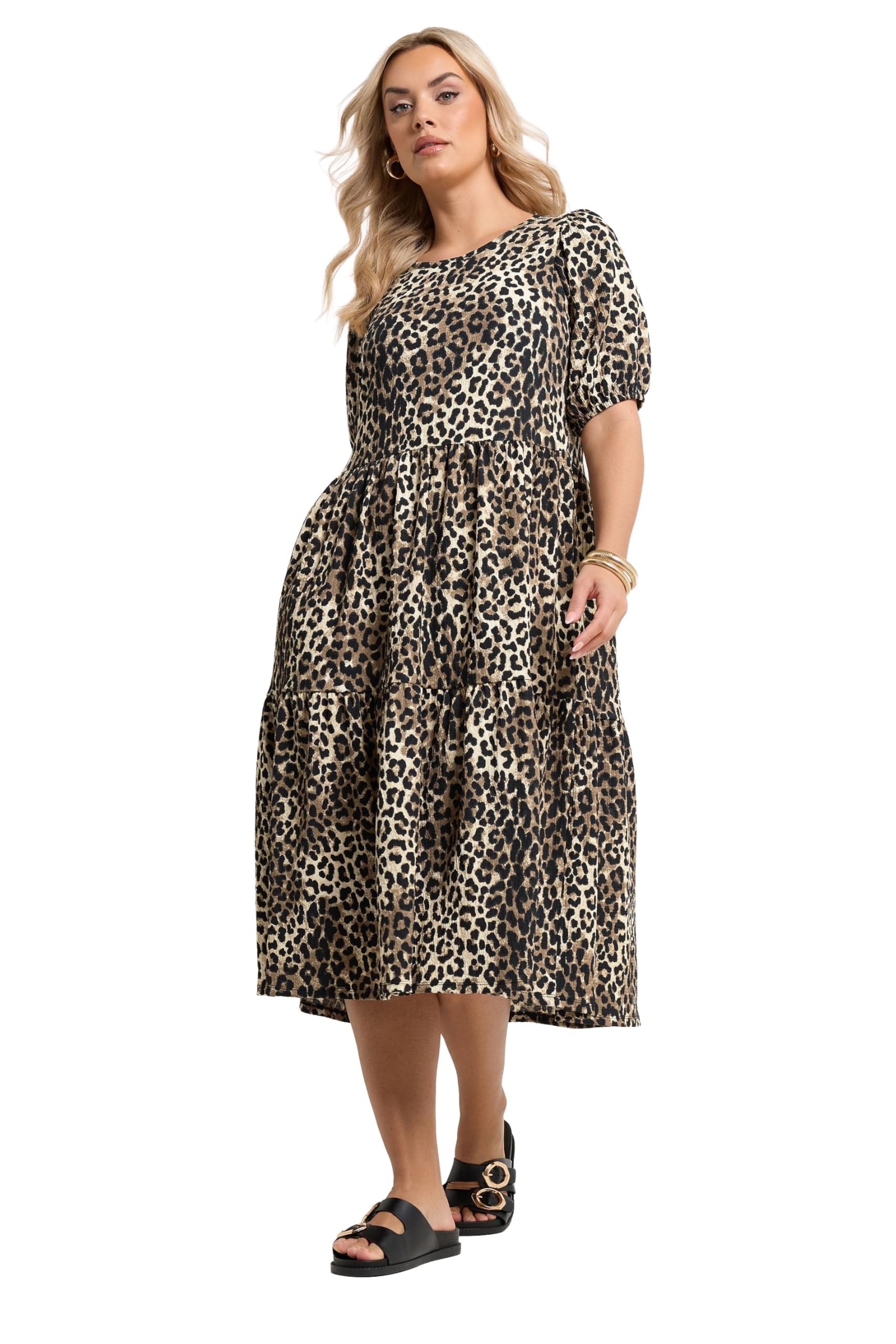 Yours Curve Natural Leopard Tiered Midi Dress - Women's - Plus Size Curve