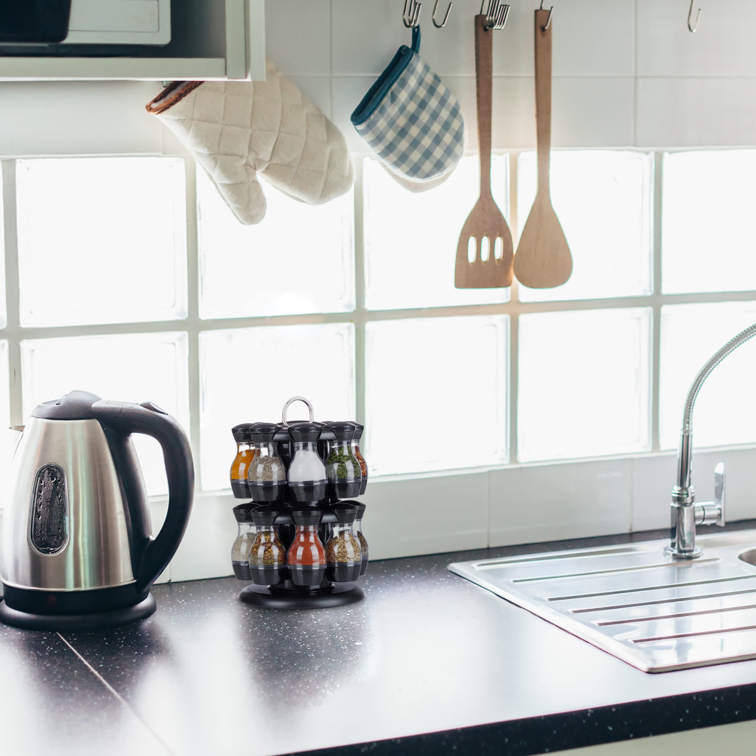 Relaxdays Porta Spezie Girevole Con 12 Barattoli - Organizer Rotante 360° Acciaio E Vetro - Foto 2