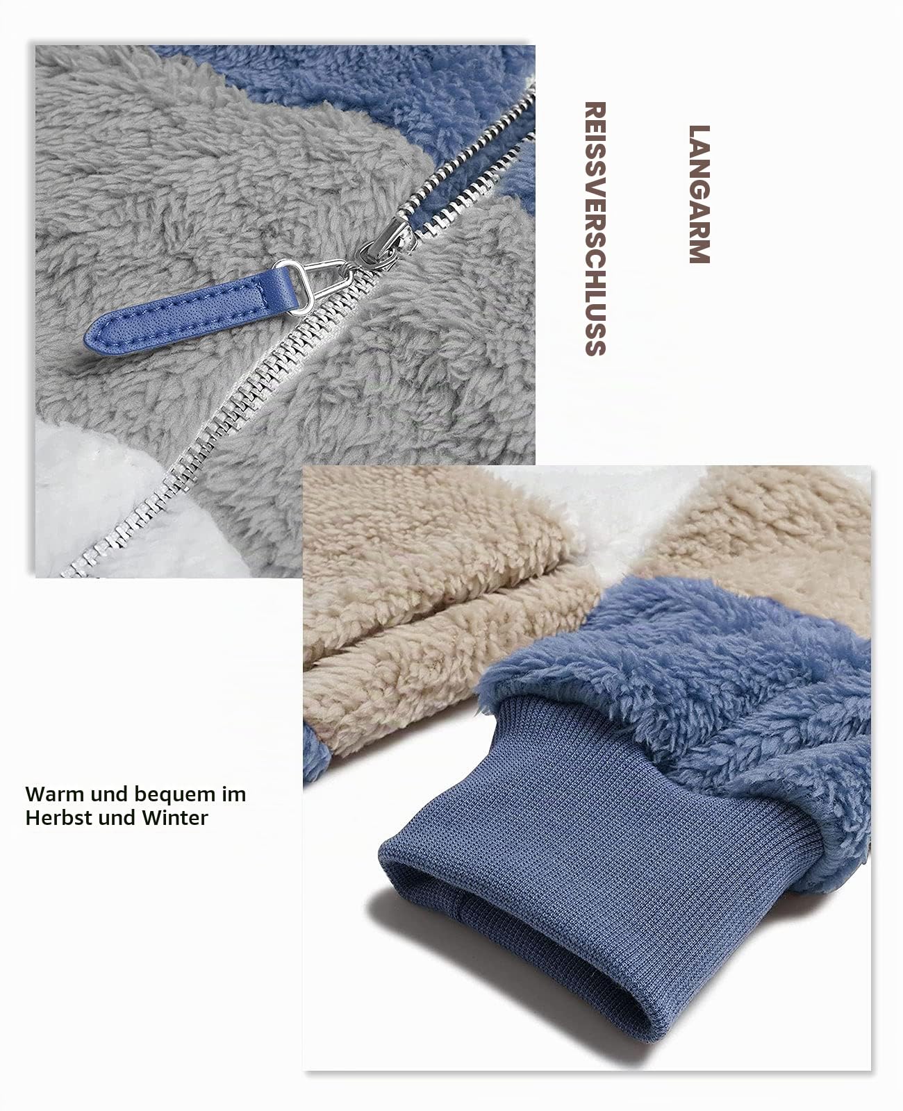 ABINGOO Damen Teddy Winterjacke Warm Kuscheljacke Übergangsjacke mit Kapuze | Reißverschluss, Farbblock, Herbst Winter Oversize Mantel, Flauschig Plüschjacke Fleecejacke mit Taschen
