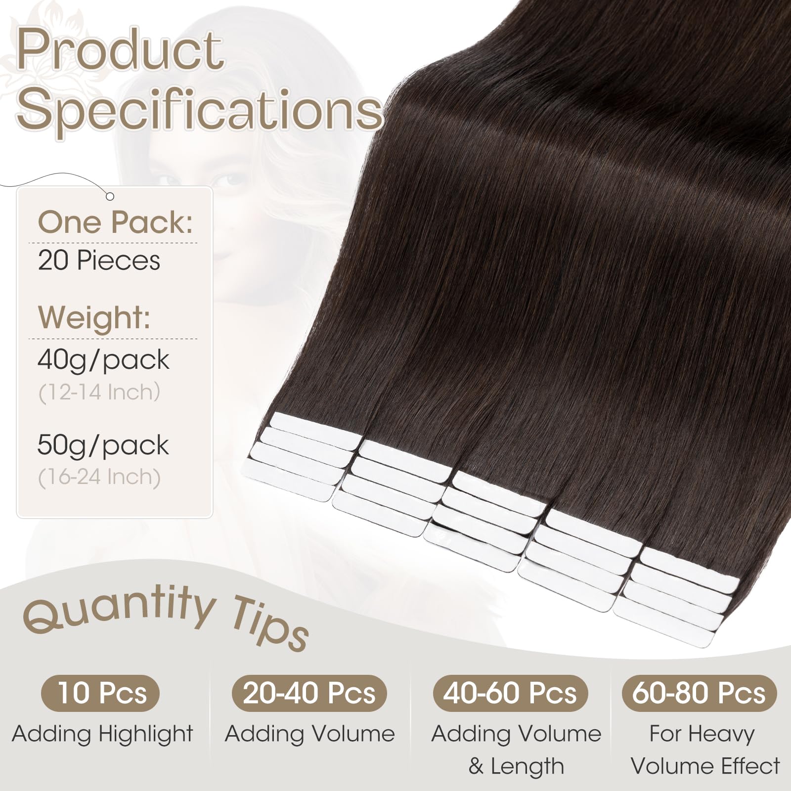 Elailite Tape in Hair Extensions Human Hair 50g/pack Invisible Straight Seamless Skin Weft Remy Hair Extensions Tape in Human Hair (#2 Dark Brown - Image 4