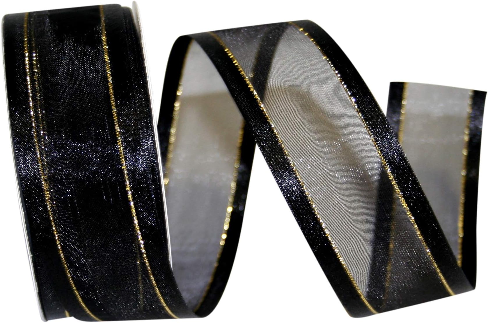 Reliant Ribbon Sheer Satin Edge Metallic Ribbon, 1-1/2 Inch X 25 Yards, Black