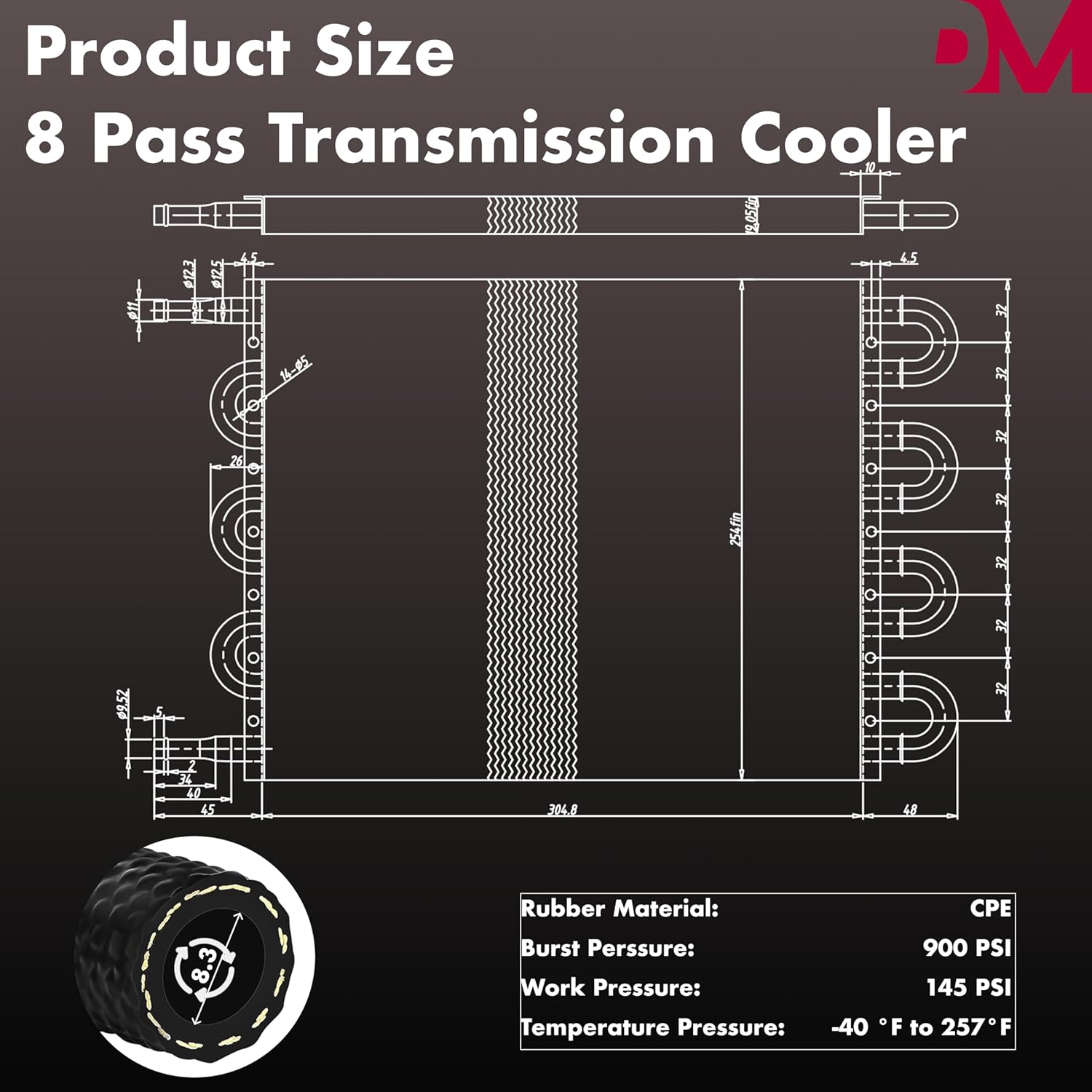 Universal Transmission Oil Cooler, 8 Pass Tube and Fin Design, Compatible with Ford, Chevrolet &Dodge Ram- Black- Aluminium