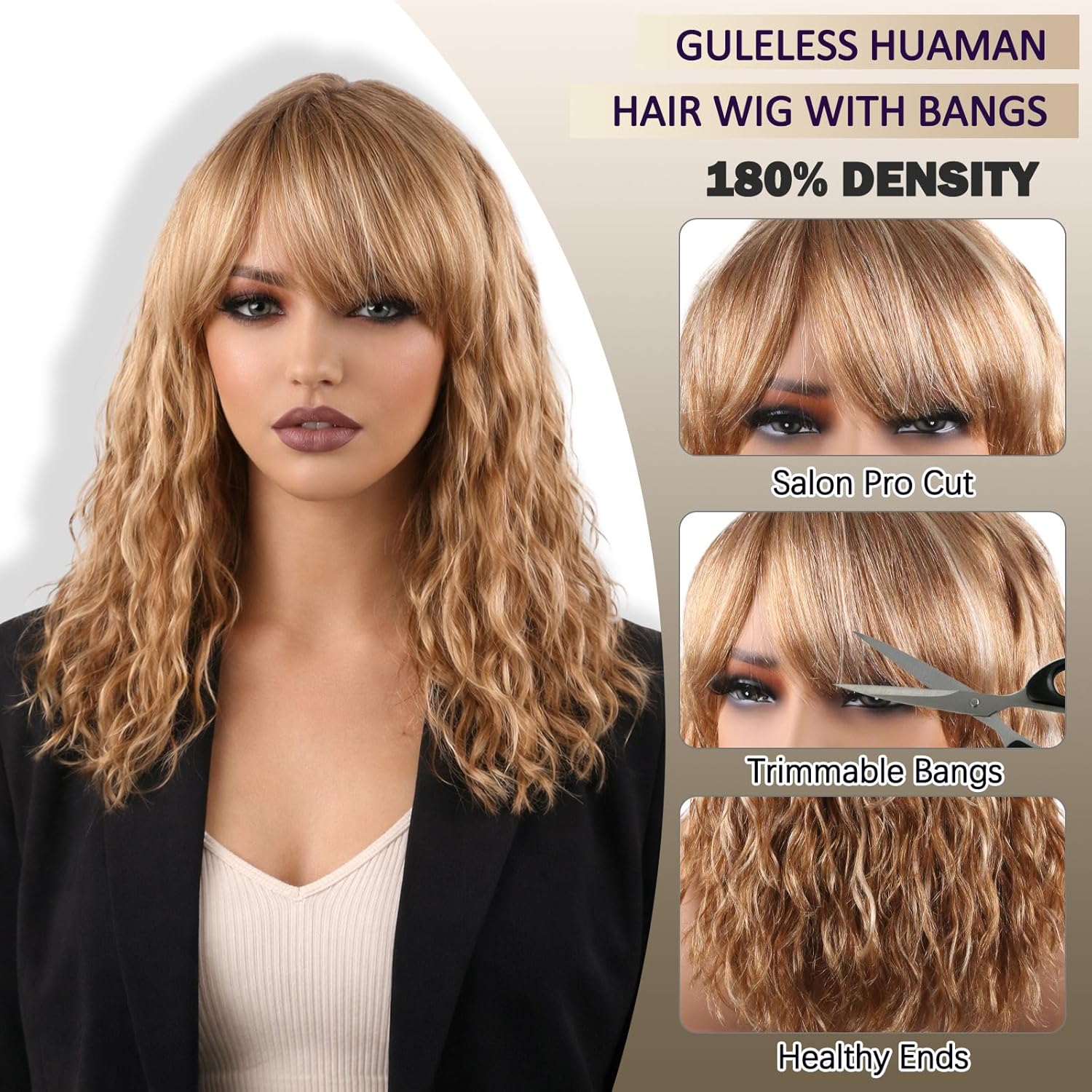 16 Inch Body Wave Wig with Bangs-613 Blonde Highlights Balayaga 100% Human Hair, Dye Bleach Your Style, Tangle-Free, Daily Use or Party for White Women