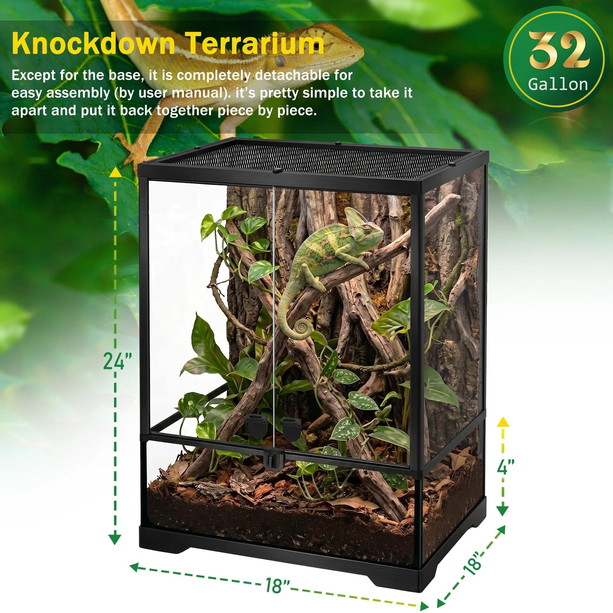 Terrario de vidrio profesional de 32 galones de 18 x 18 x 24 pulgadas, tanque de hábitat duradero para reptiles con marco de aleación de aluminio resistente al calor, puertas giratorias