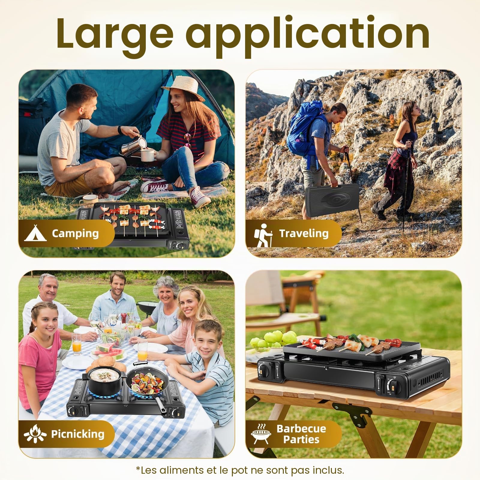 Réchaud à gaz portable d'extérieur à 2 feux avec plaque de cuisson | 50 % d'efficacité thermique et plaque de cuisson lavable au lave-vaisselle (43,5 x 25 cm) pour camping/balcon avec soupape de