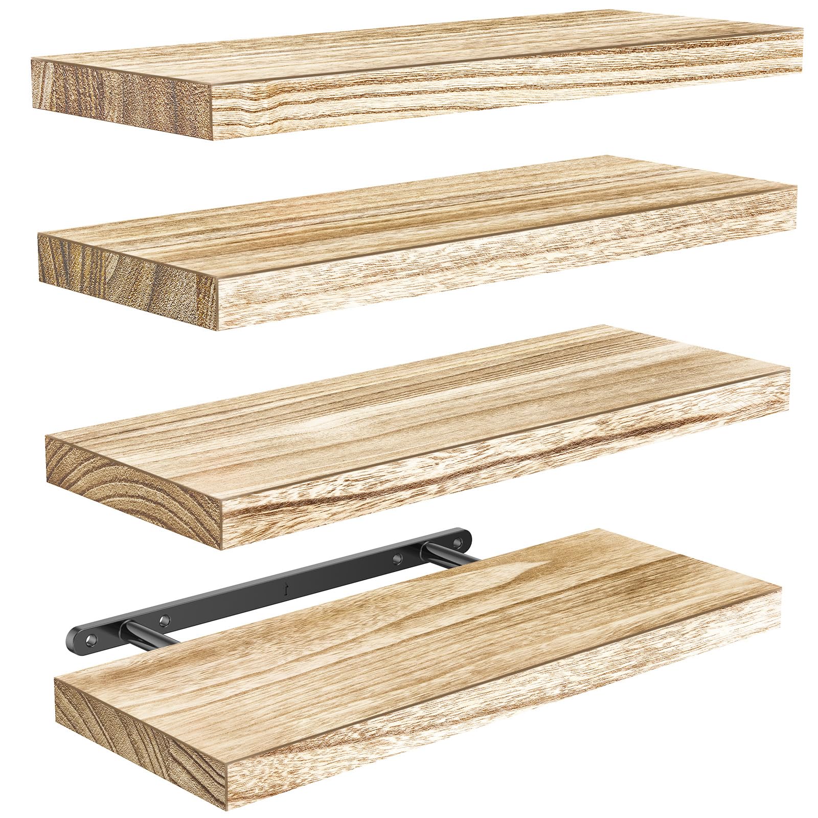 Pipishell Wandregal Holz, 40 cm Regal Wand, Paulownia Küchenregal Hängend Schweberegal Holzregal, 4er-Set aus Holzregalen für Badezimmer, Schlafzimmer, Büro, Wohnzimmer, Küche usw. (Hellbraun)
