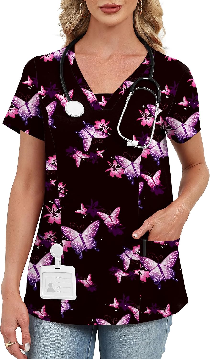 AKEWEI Scrubs for Women V Neck Scrub Tops Stretchy Nursing Uniforms Holiday Medical Shirts with 2 Pockets