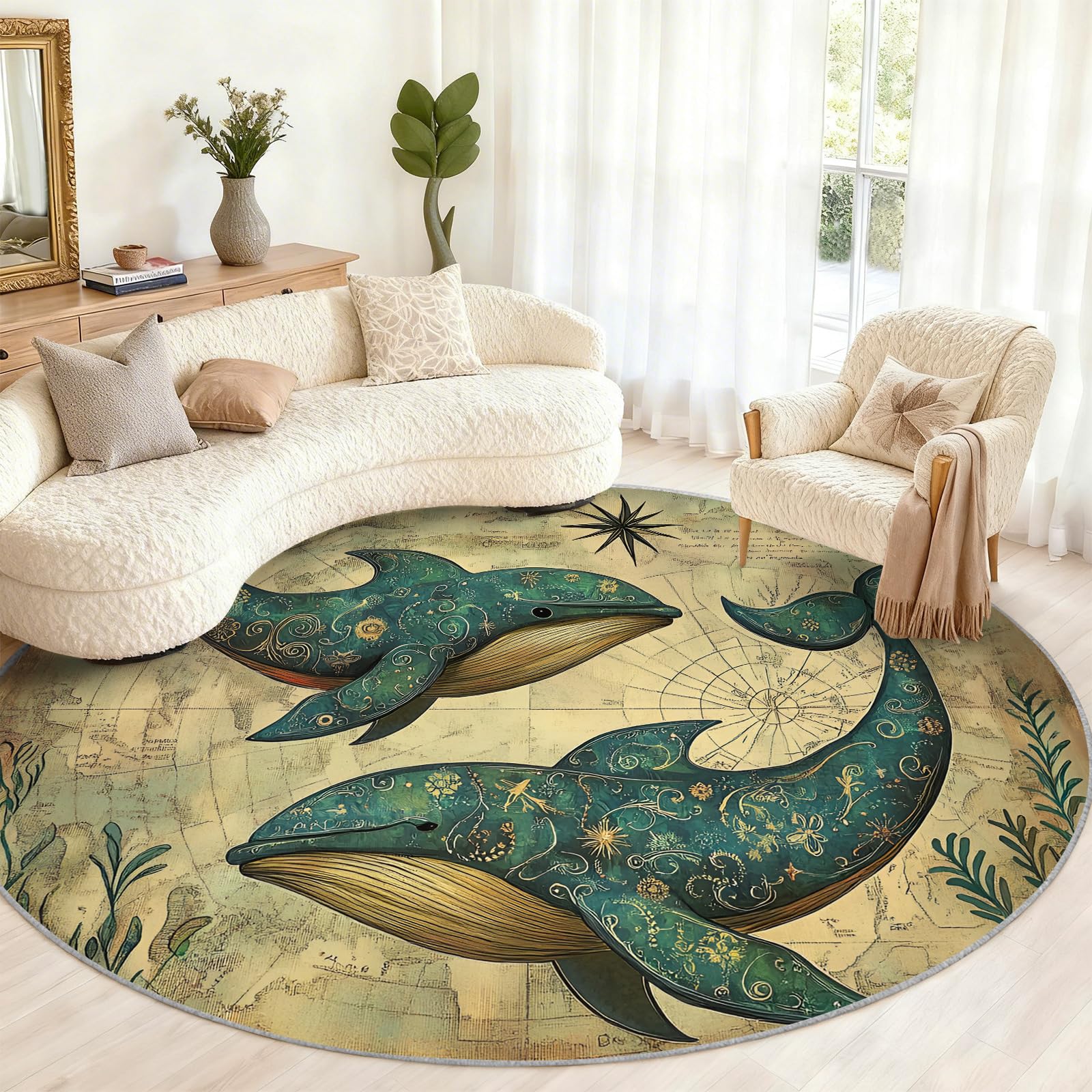 Tapis rond lavable motif carte nautique Whales antidérapant vintage 2m