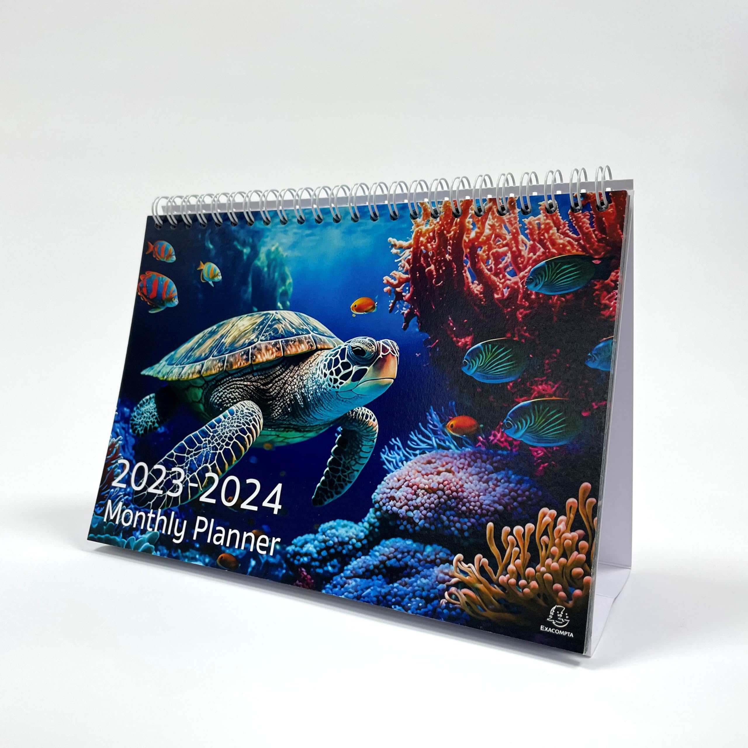 Exacompta - Ref GS045Z Sep 2023 - Oct 2024 Desk Calendar/Monthly Planner Sea Turtle Design Month per Page Incl UK Holidays 210mm x 150mm Stands Securely on a Desk/Shelf Section for Reminders & Notes