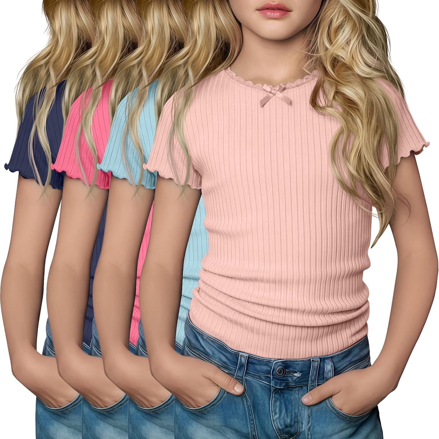 Oakgarden 4 Pack Girl's T Shirts Kids Short Sleeve Ribbed Shirt Teen Girls Crew Neck Slim Fit Summer Tees Tops for 5-14