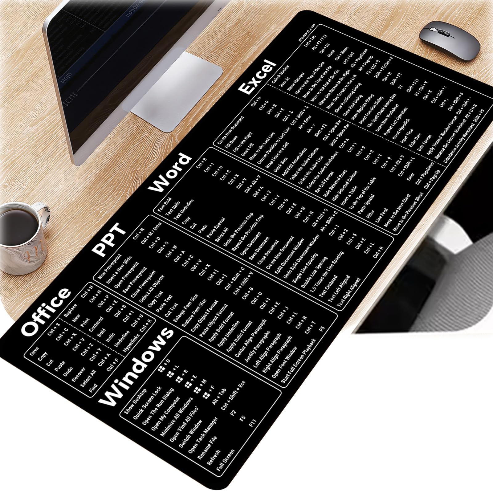 Office Word PPT Excel Shortcuts Cheat Sheet Mat for Windows,Keyboard Shortcut Mouse Pad Large Gaming Mouse Pad Desk Mat Office Software Excel Shortcuts Mousepad Size 35.4" x 15.7" (WL-Black)